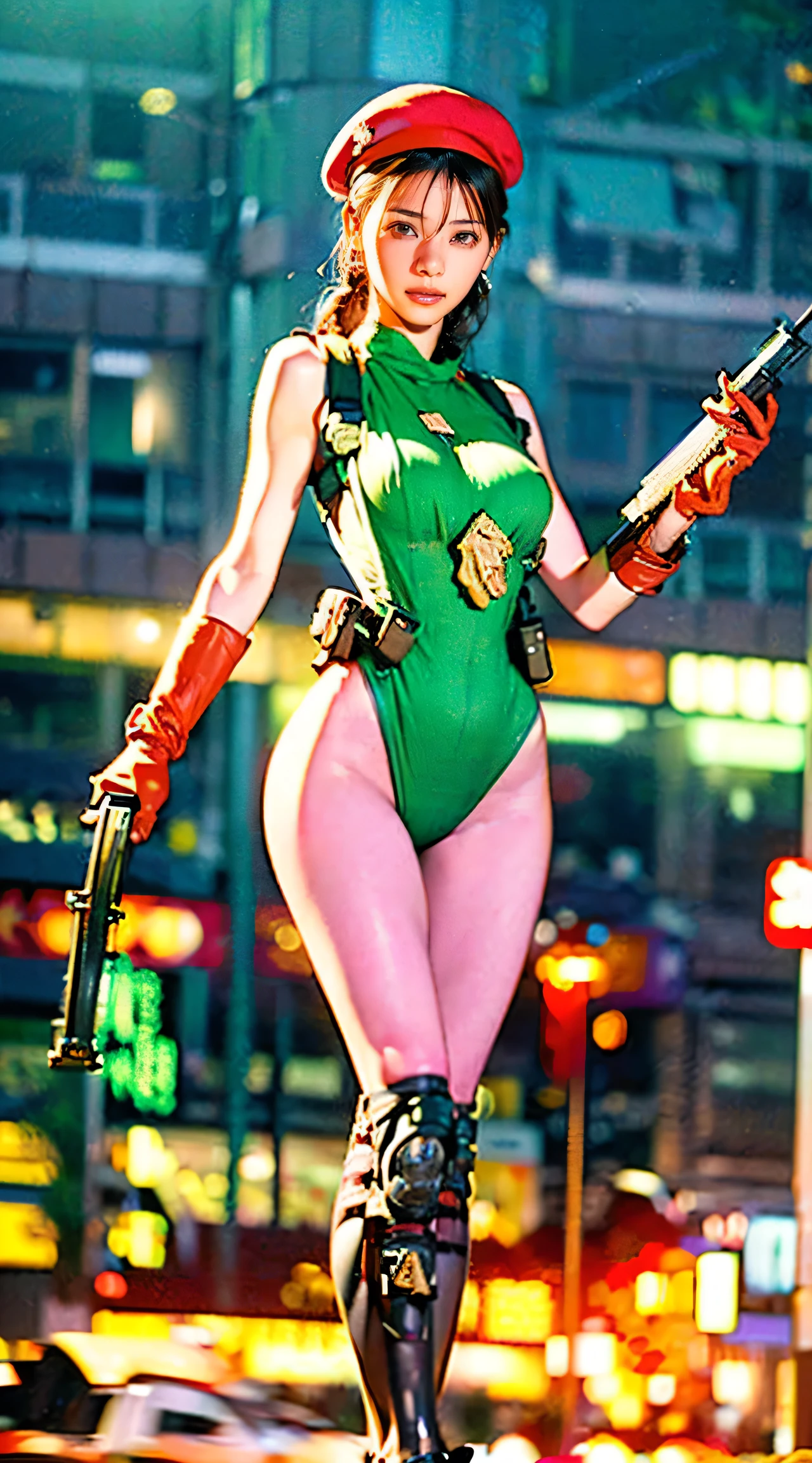 (one sexy woman),( muscularity:1.7), ( thighs:2), (Cammy, black hair:1.5), Beautiful Marked , detailed eyes , detailed skin, red lips, eyeshadow, ( big breasts:1.6), Hard nipples, (overhanging large areolas ),(Underboob:1.7),(sleeveless chinese military style dark green leotard, gloves, Red Beret:1.5), (ear monitor:1.5),(((Tactical Holster:1.5))),(Holding an futuristic LASER riffle),(wearing a black military jacket), (Upper body view), ( looking ), (¾ view ), Backstreets, rim lighting , two tone lighting, dimly illuminated ,(( expand your legs)),(( place your knees on the ground)),((Holding an AK-47:2.0)),Tiananmen Square at night