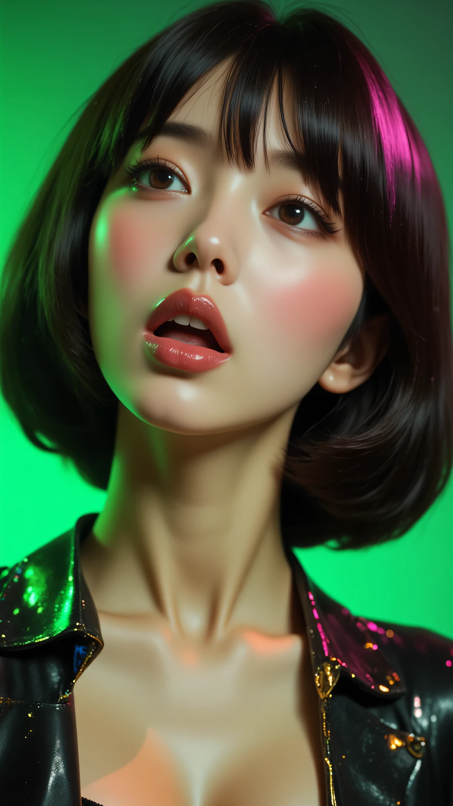 80’s glam rock makeup on shiny face, asian girl, anime, 2.5D, moody lighting, (green, pink, gold), pretty, sexy, minimal, sleek, slender, asian, elegant, futuristic, retro, sophisticated half human half machine, mouth open wide, Kizi,(eyes looking off to side), Highly detailed, Amazing work,Vitreous luster, blues, yellows, Best quality at best,shiny skin, no background, colorful background, green background, pink background, gold, background, plunging neckline, sexy pose, dynamic pose, heavy blushing, huge breasts,