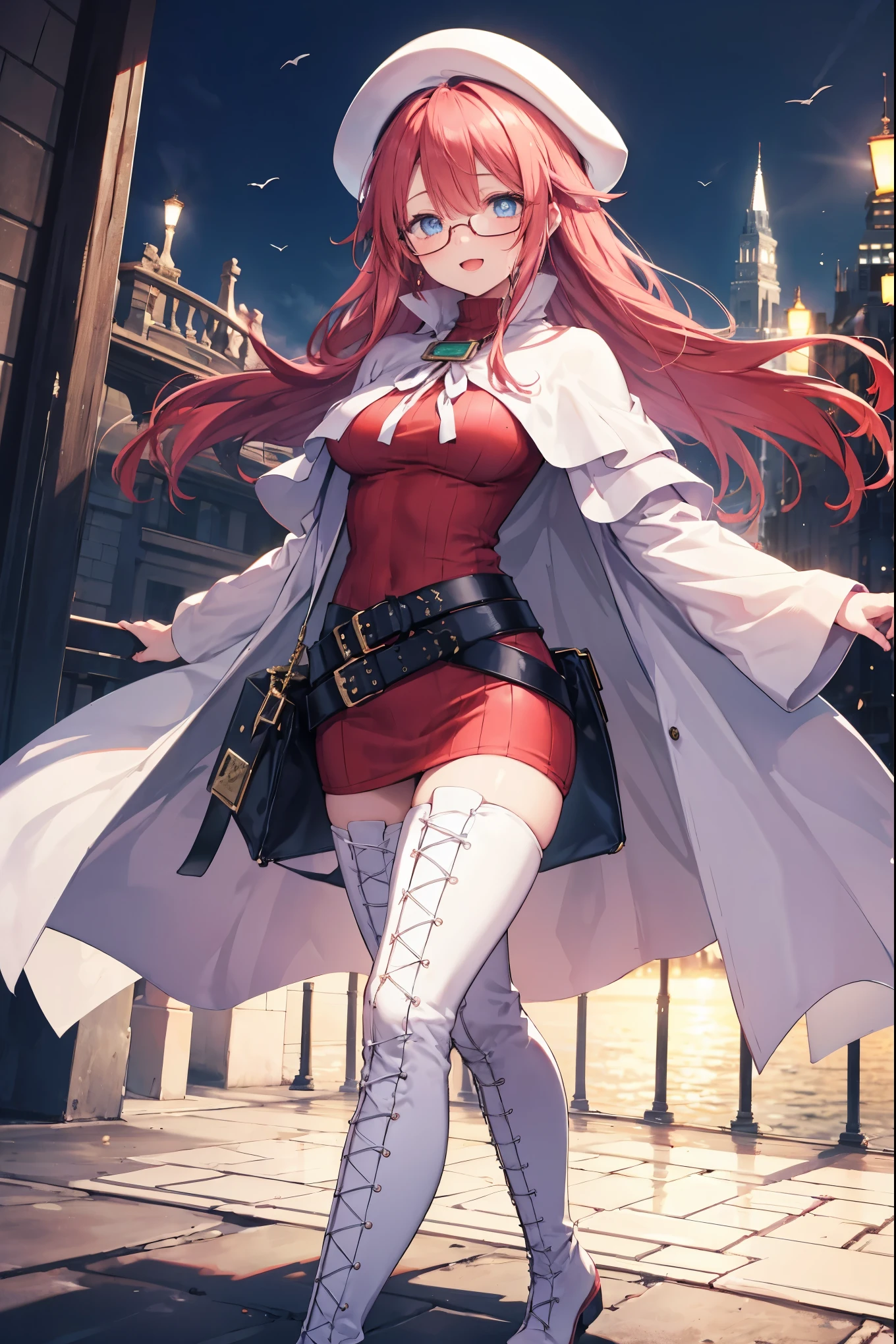 Anime girl in red dress and white hat walking down a street - SeaArt AI