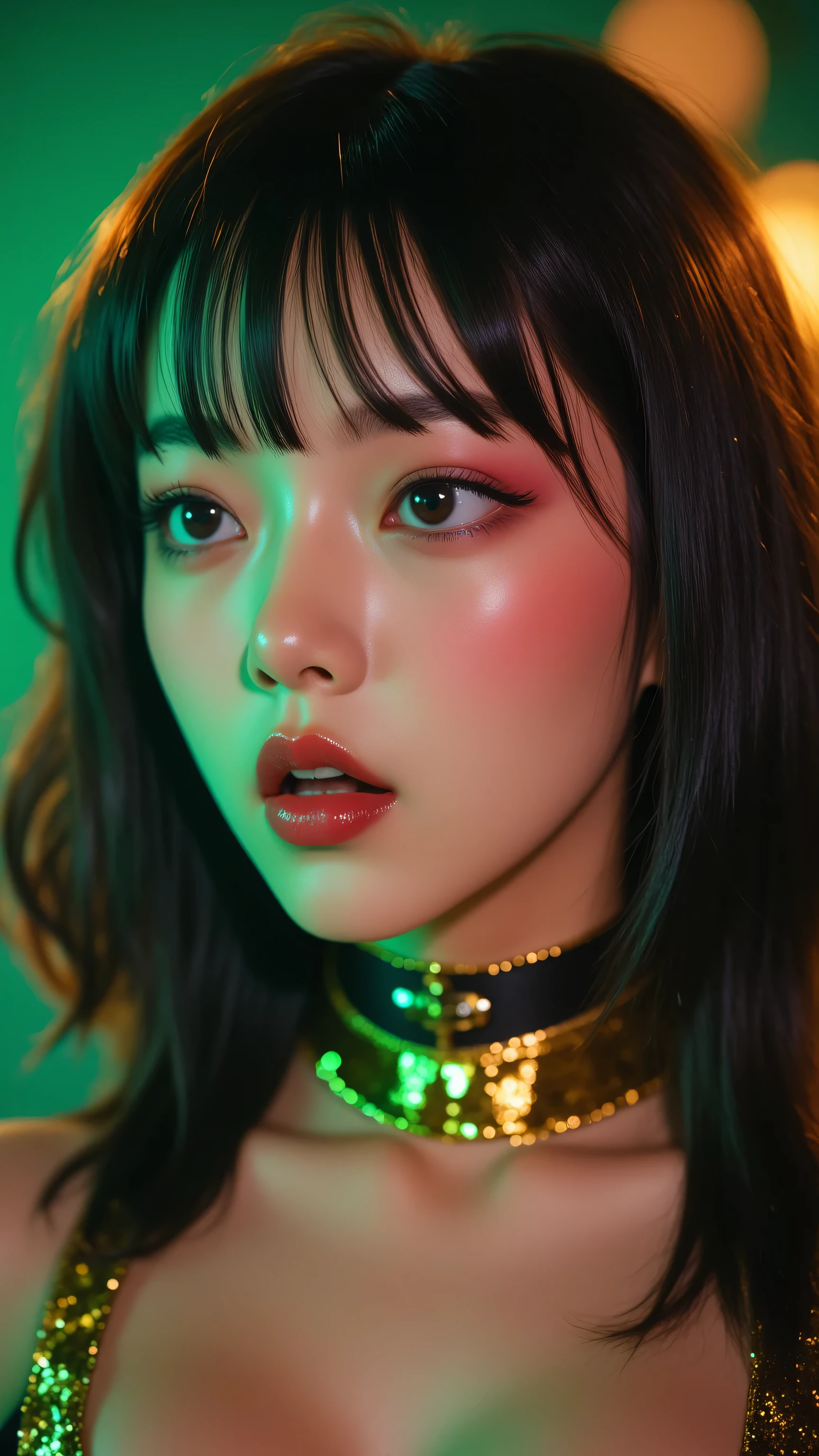 80’s glam rock makeup on shiny face, asian girl, anime, 2.5D, moody lighting, (green, pink, gold), pretty, sexy, minimal, sleek, slender, asian, elegant, futuristic, retro, sophisticated half human half machine, mouth open wide, Kizi,(eyes looking off to side), Highly detailed, Amazing work,Vitreous luster, blues, yellows, Best quality at best,shiny skin, no background, colorful background, green background, pink background, gold, background, plunging neckline, sexy pose, dynamic pose, heavy blushing, huge breasts,