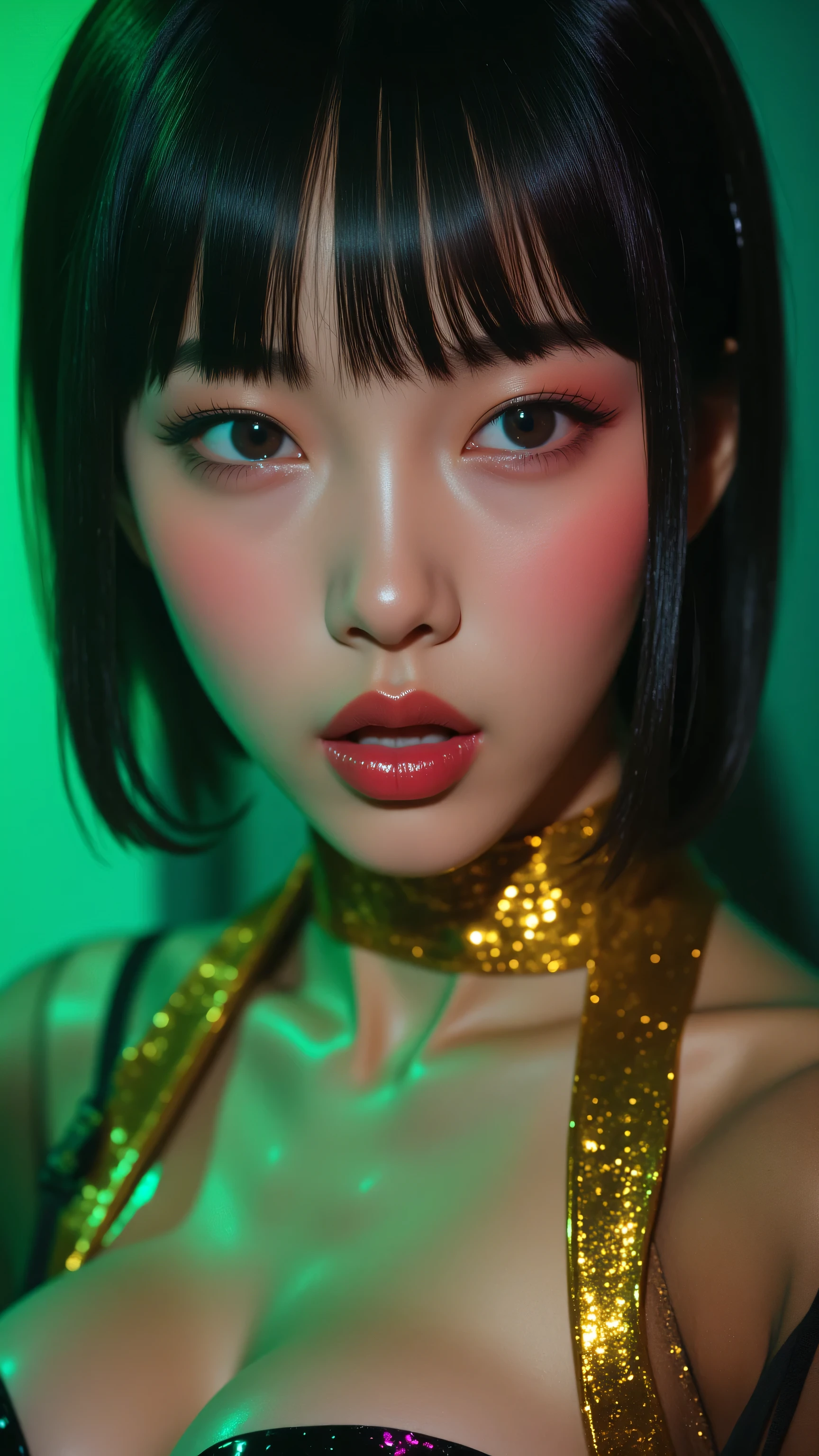 80’s glam rock makeup on shiny face, asian girl, anime, 2.5D, moody lighting, (green, pink, gold), pretty, sexy, minimal, sleek, slender, asian, elegant, futuristic, retro, sophisticated half human half machine, mouth open wide, Kizi,(eyes looking off to side), Highly detailed, Amazing work,Vitreous luster, blues, yellows, Best quality at best,shiny skin, no background, colorful background, green background, pink background, gold, background, plunging neckline, sexy pose, dynamic pose, heavy blushing, huge breasts,
