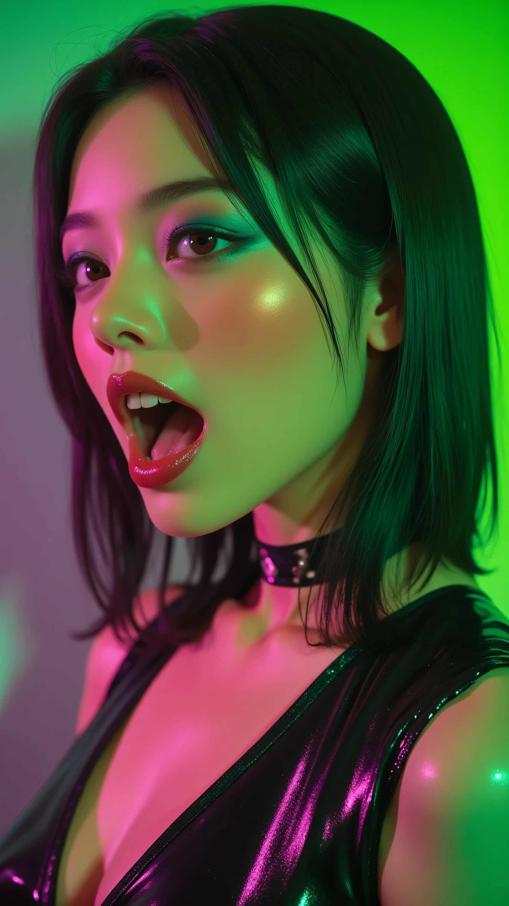 80’s glam rock makeup on shiny face, asian girl, anime, 2.5D, moody lighting, (green, pink, gold), pretty, sexy, minimal, sleek, slender, asian, elegant, futuristic, retro, sophisticated half human half machine, mouth open wide, Kizi,(eyes looking off to side), Highly detailed, Amazing work,Vitreous luster, blues, yellows, Best quality at best,shiny skin, no background, colorful background, green background, pink background, gold, background, plunging neckline, sexy pose, dynamic pose, heavy blushing, huge breasts,