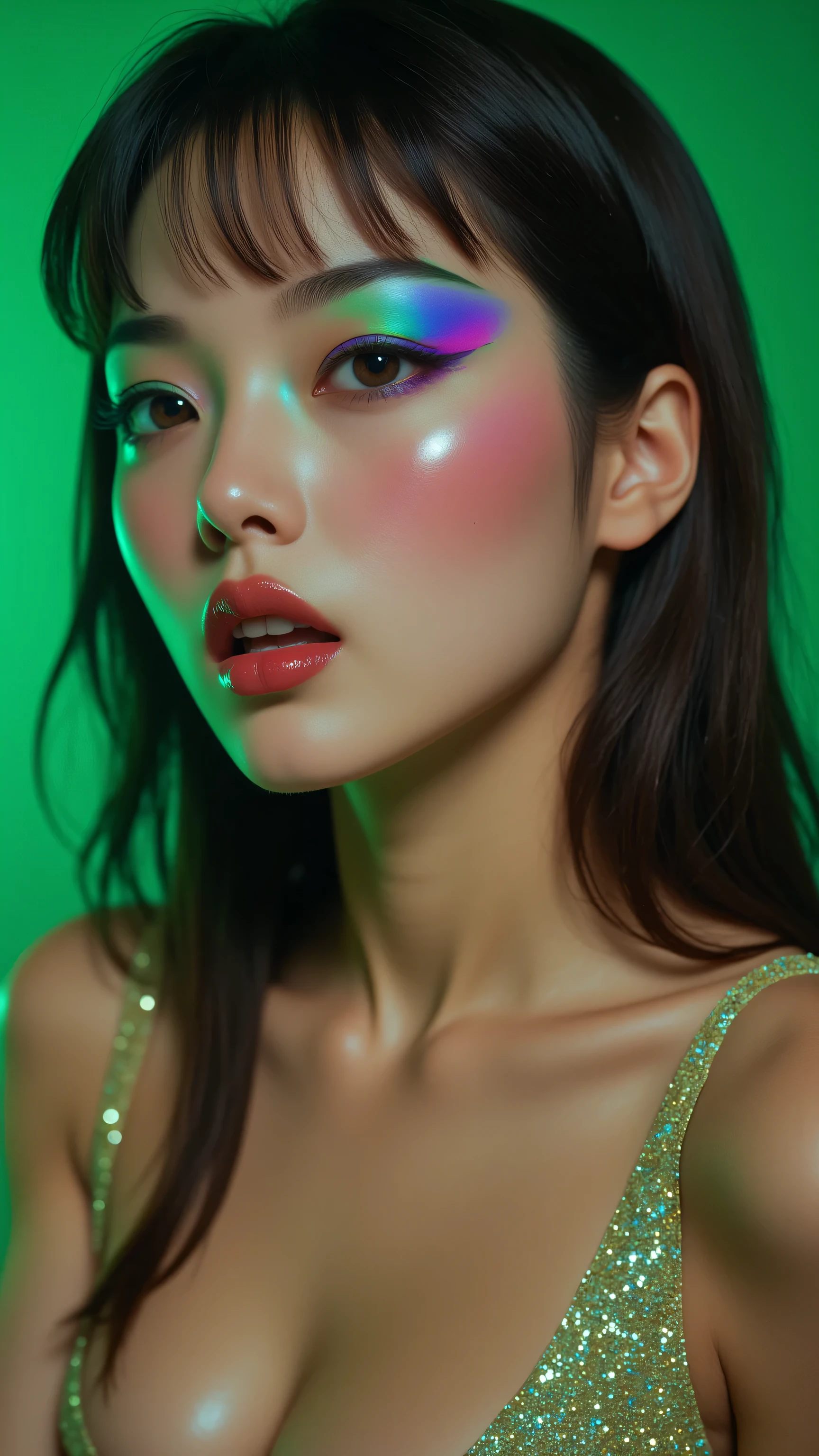 80’s glam rock makeup on shiny face, asian girl, anime, 2.5D, moody lighting, (green, pink, gold), pretty, sexy, minimal, sleek, slender, asian, elegant, futuristic, retro, sophisticated half human half machine, mouth open wide, Kizi,(eyes looking off to side), Highly detailed, Amazing work,Vitreous luster, blues, yellows, Best quality at best,shiny skin, no background, colorful background, green background, pink background, gold, background, plunging neckline, sexy pose, dynamic pose, heavy blushing, huge breasts,