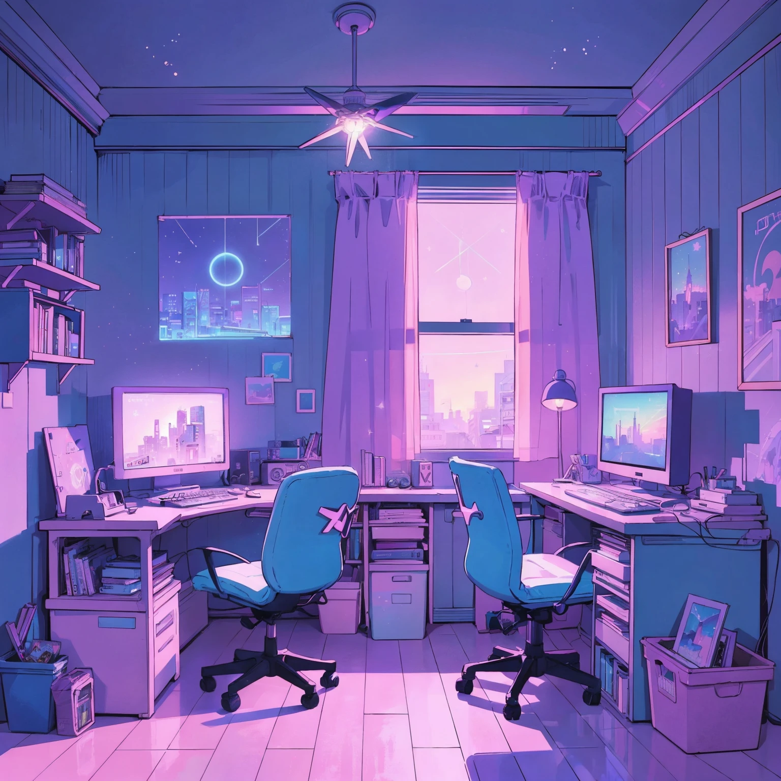 This is a (((lofi anime art print))) of a dreamy and soft y2k bedroom. The bedroom is cozy and nostalgic. ((The lofi and y2k aesthetic are important.)) Include a cluttered desk and bookcase filled with vintage charm. Include a retro computer on the desk. ((There are no people in this image.)) A prominent window in the serene bedroom overlooks a simple pastel city twinkling with stars and a mesmerizing meteor shower. Bathe this artwork in pastel purples, blues, and pinks, creating a dreamy, whimsical, and soft atmosphere. Peaceful mood, soft lighting, dreamy atmosphere, photographic, cinematic, intricate details, high quality, masterpiece, Art Lofi, Null Art Style, Lofi Sensation, portrait of lofi, Lofi Colors, null, lo-fi art, Lofi Vibes , Lofi atmosphere, Lofi hip hop, (Lofi Girl Aesthetics), computer aesthetic, ((dreamcore aesthetic)), (((y2k aesthetic))), y 2 k aesthetic, dreamy aesthetic, office background, background art, highschool background, gamer aesthetic, kawaii aesthetic, wallpaper aesthetic, dreamy illustration, soft aesthetic, cyber aesthetic, magical colored theme, toon aesthetic, violet colored theme, light academia aesthetic