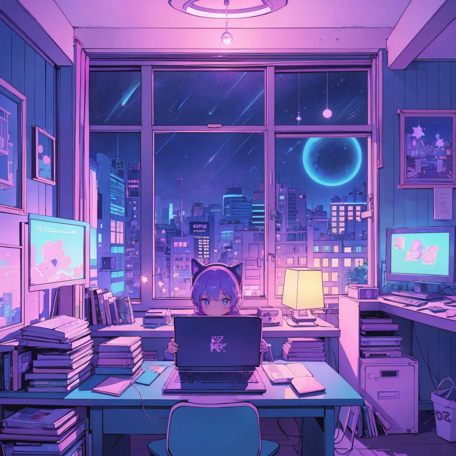 This is a (((lofi anime art print))) of a dreamy and soft y2k bedroom. The bedroom is cozy and nostalgic. ((The lofi and y2k aesthetic are important.)) Include a cluttered desk and bookcase filled with vintage charm. Include a retro computer on the desk. ((There are no people in this image.)) A prominent window in the serene bedroom overlooks a simple pastel city twinkling with stars and a mesmerizing meteor shower. Bathe this artwork in pastel purples, blues, and pinks, creating a dreamy, whimsical, and soft atmosphere. Peaceful mood, soft lighting, dreamy atmosphere, photographic, cinematic, intricate details, high quality, masterpiece, Art Lofi, Null Art Style, Lofi Sensation, portrait of lofi, Lofi Colors, null, lo-fi art, Lofi Vibes , Lofi atmosphere, Lofi hip hop, (Lofi Girl Aesthetics), computer aesthetic, ((dreamcore aesthetic)), (((y2k aesthetic))), y 2 k aesthetic, dreamy aesthetic, office background, background art, highschool background, gamer aesthetic, kawaii aesthetic, wallpaper aesthetic, dreamy illustration, soft aesthetic, cyber aesthetic, magical colored theme, toon aesthetic, violet colored theme, light academia aesthetic