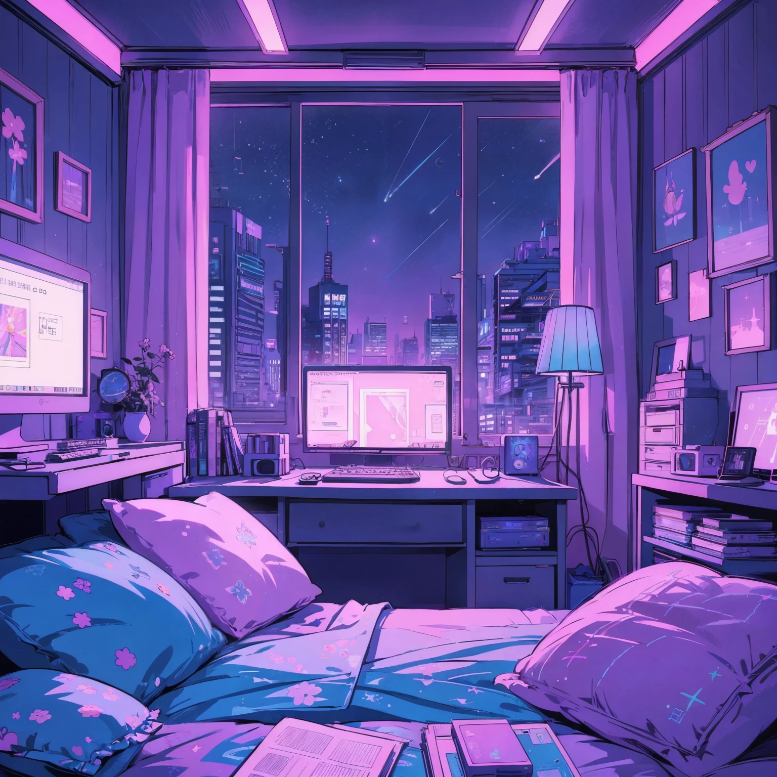 This is a (((lofi anime art print))) of a dreamy and soft y2k bedroom. The bedroom is cozy and nostalgic. ((The lofi and y2k aesthetic are important.)) Include a cluttered desk and bookcase filled with vintage charm. Include a retro computer on the desk. ((There are no people in this image.)) A prominent window in the serene bedroom overlooks a simple pastel city twinkling with stars and a mesmerizing meteor shower. Bathe this artwork in pastel purples, blues, and pinks, creating a dreamy, whimsical, and soft atmosphere. Peaceful mood, soft lighting, dreamy atmosphere, photographic, cinematic, intricate details, high quality, masterpiece, Art Lofi, Null Art Style, Lofi Sensation, portrait of lofi, Lofi Colors, null, lo-fi art, Lofi Vibes , Lofi atmosphere, Lofi hip hop, (Lofi Girl Aesthetics), computer aesthetic, ((dreamcore aesthetic)), (((y2k aesthetic))), y 2 k aesthetic, dreamy aesthetic, office background, background art, highschool background, gamer aesthetic, kawaii aesthetic, wallpaper aesthetic, dreamy illustration, soft aesthetic, cyber aesthetic, magical colored theme, toon aesthetic, violet colored theme, light academia aesthetic