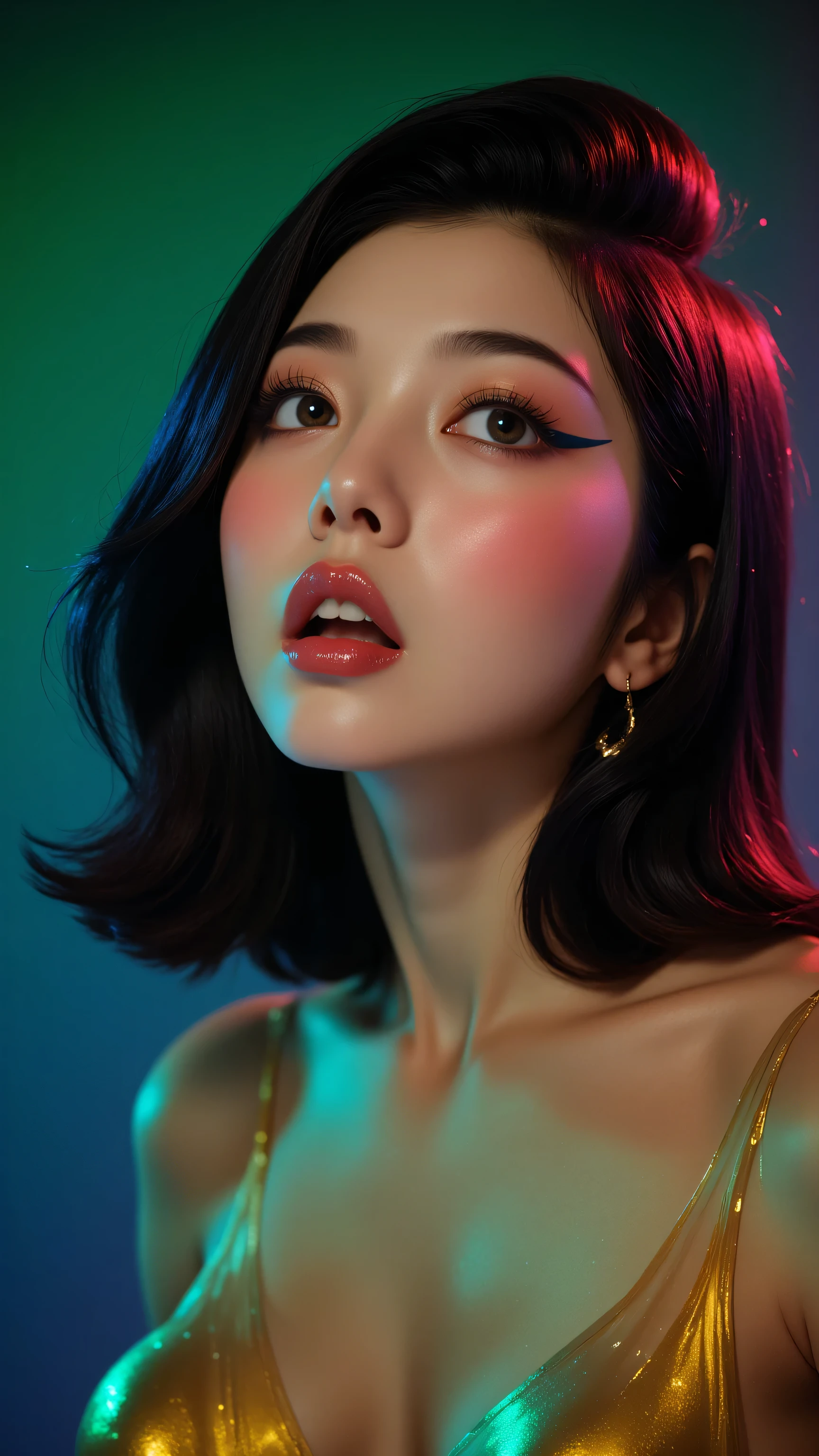 80’s glam rock makeup on shiny face, asian girl, anime, 2.5D, moody lighting, (green, pink, gold), pretty, sexy, minimal, sleek, slender, asian, elegant, futuristic, retro, sophisticated half human half machine, mouth open wide, Kizi,(eyes looking off to side), Highly detailed, Amazing work,Vitreous luster, blues, yellows, Best quality at best,shiny skin, no background, colorful background, green background, pink background, gold, background, plunging neckline, sexy pose, dynamic pose, heavy blushing, huge breasts,