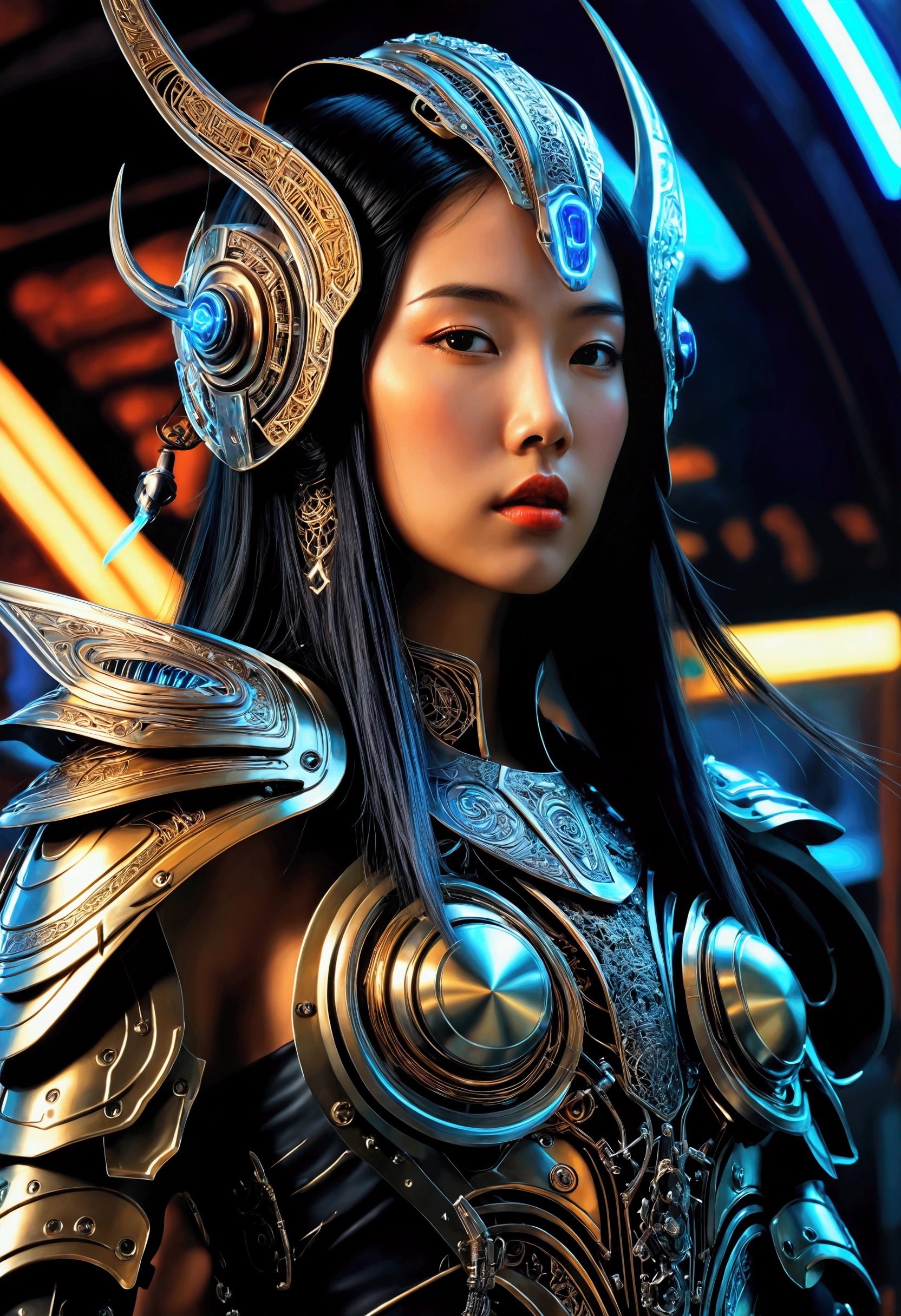 ((Airbrush art style painting)) of (perfect Asian cyberpunk girl))), (((wearing incredibly detailed ornate cyberpunk armour))), ((LED lights)), (shapeless long hair), perfect features, ((((full figure) dynamic pose))), (((starship interior))), (((Jim Burns art style))), abstract beauty, near perfection, pure form, concept art, intricate detail, 8k post-production, High resolution, super Detail, art station Trends, sharp focus, studio photos, intricate detail, Very detailed.
