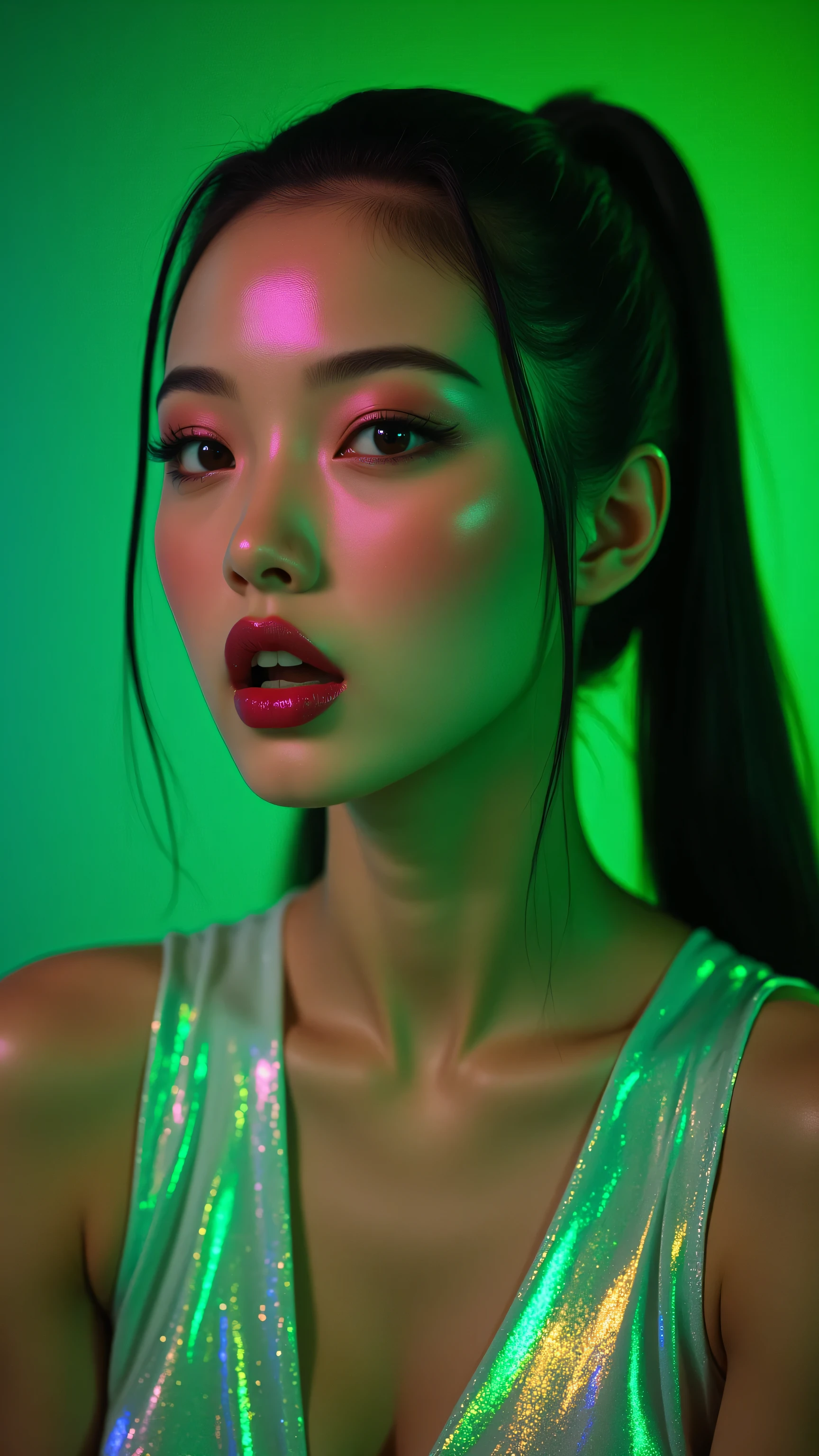 80’s glam rock makeup on shiny face, asian girl, anime, 2.5D, moody lighting, (green, pink, gold), pretty, sexy, minimal, sleek, slender, asian, elegant, futuristic, retro, sophisticated half human half machine, mouth open wide, Kizi,(eyes looking off to side), Highly detailed, Amazing work,Vitreous luster, blues, yellows, Best quality at best,shiny skin, no background, colorful background, green background, pink background, gold, background, plunging neckline, sexy pose, dynamic pose, heavy blushing, huge breasts,
