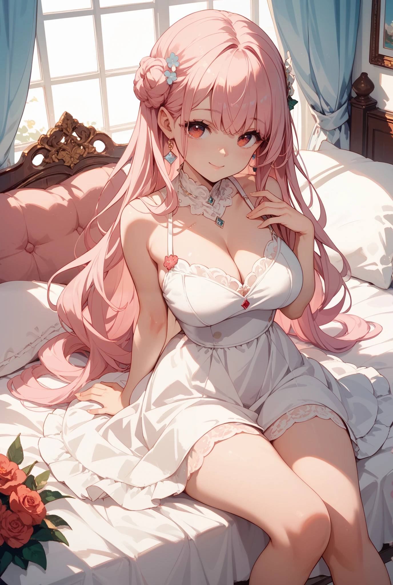 masterpiece, highest quality, Ultra-detailed, Beautiful lighting, With a girl,,(Pink eyes: 1.3), Sitting, No parks allowed, Beautiful views, Mild hot flashes, smile, (cute smile: 1,1), (Bright lips: 1,1), (Beautiful Eyes: 1,1), Long Hair, Pink Hair、Beautiful dress、Large breasts、Adult women、Place your hand on your chest、Night Sky、star々、flower、indoor、bed、White sheets