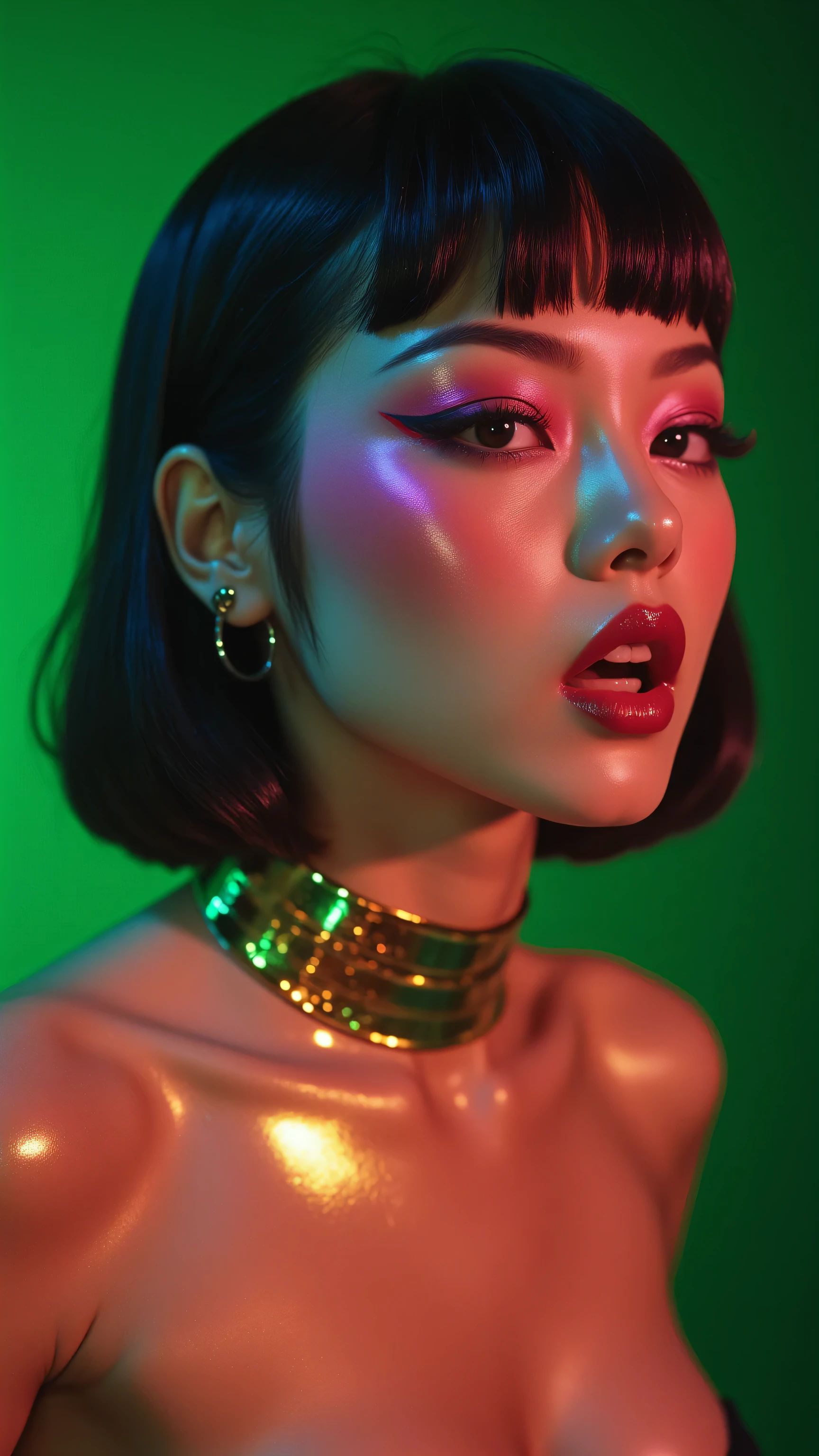80’s glam rock makeup on shiny face, asian girl, anime, 2.5D, moody lighting, (green, pink, gold), pretty, sexy, minimal, sleek, slender, asian, elegant, futuristic, retro, sophisticated half human half machine, mouth open wide, Kizi，(eyes looking off to side), Highly detailed, Amazing work，Vitreous luster, blues, yellows, Best quality at best，shiny skin, no background, colorful background, green background, pink background, gold, background, plunging neckline, sexy pose, dynamic pose, heavy blushing, huge breasts, 