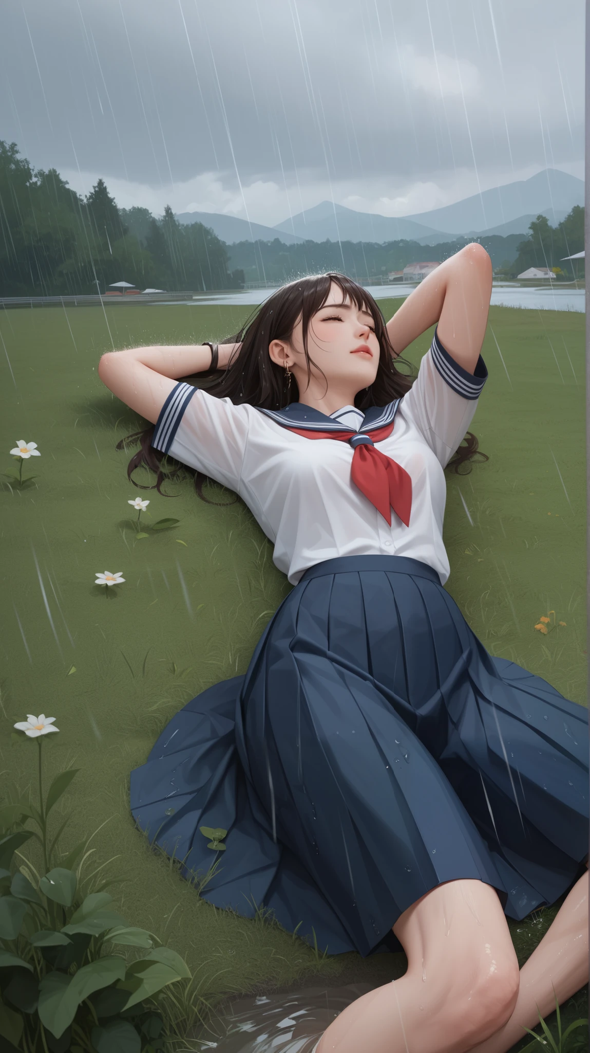 Score_9, Score_8_up, Score_7_up, Score_6_up, Score_5_up, Score_4_up, Source_anime, Tag1, Tag2, Quality_masterpiece , perfect features , perfect figure , Perfectly Detailed , Ultra Detailed , Ultra Highly Detailed , Ultra HD , Accurate , Masterpiece , Anatomically Correct , High Details , High Quality , Super Detailed , rain, lying on the grass, looking at the sky, both hands palms up, rain water, wearing a Korean high school uniform