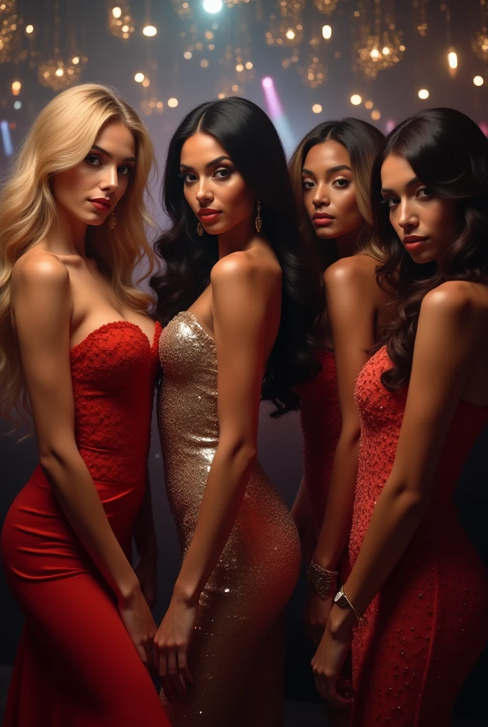 3 Super models 40 years old at a fashion elegant night gala party, [[[[full shot]]]], [[[[elegant diner]]]], [[[[fun]]]], [[[[mid night]]]], perfect eyes, perfect iris, perfect lips, perfect teeth, perfect skin, soft front light, glow, HDR, (muted colors:1.2) modern architecture, 8k, 14mm lens, wide angle shot,