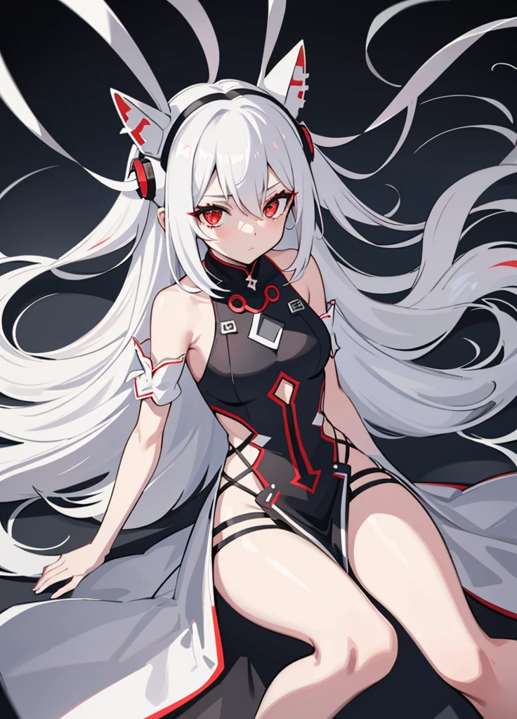 (small short girl red eyes long white hair), (sci-fi:1.1),(black color guard suit), (white background:1.5), (sexy butt)