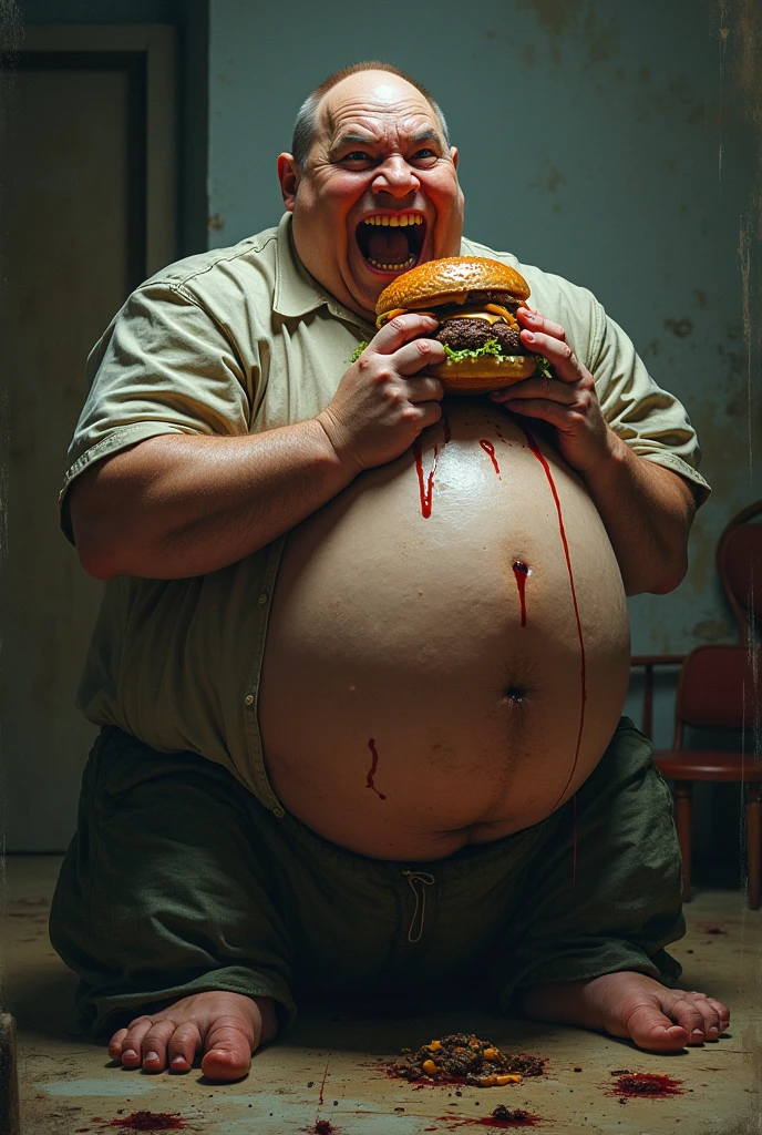 Fat man takes off his shirt and eats burger
