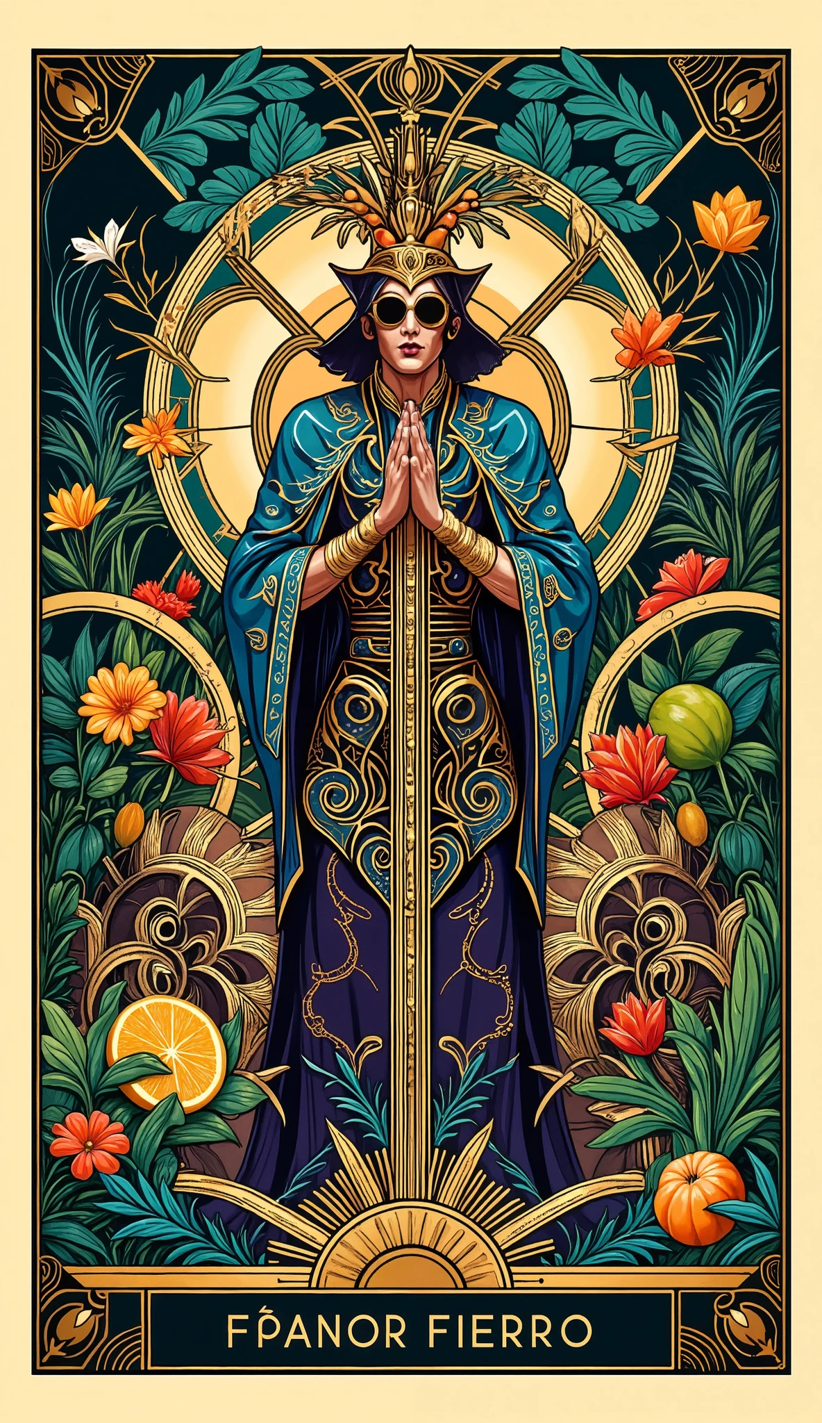 art nouveau inspired illustration showing a the tarot card of the fool with a background of cogwheels and jungle plants with fruit and flowers of various colors. Below, it can be read: "Fëanor Fierro - Lectura de Tarot - solo 8000 por pregunta" Please strictly display the letters that are in this prompt in quotation marks 