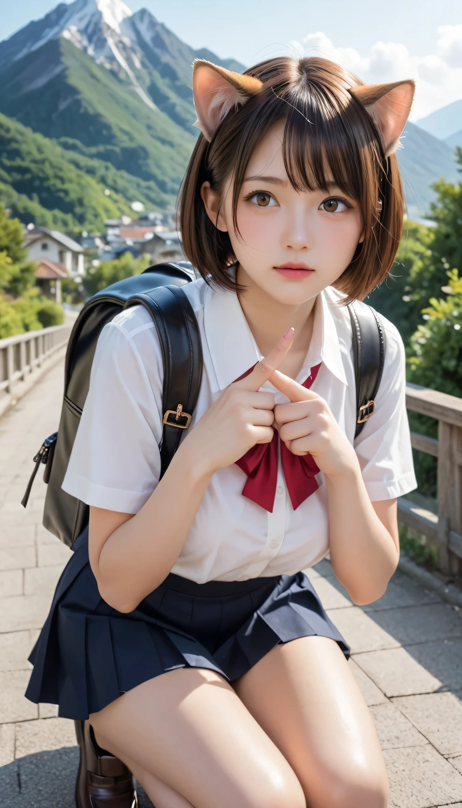  loafers in white, outdoor, side head, Cat-Eared Girl, short hair, brown eyes, (Japanese Gal), (plain Japanese face ), highly detailed skin, best quality, super detailed face, vibrant colors, (Curvaceous body), one girl, Alone, shy and cry and (angry:0.1) and hot and confused, Brown Hair, highschool skirt, white blouse, a red ribbon, (front of big mountain, in mountain:1.2), large backpack, beautiful thighs, (embarrassing), cat pose, Shiny thighs, wet micro panties, perfect hand, perfect finger, 