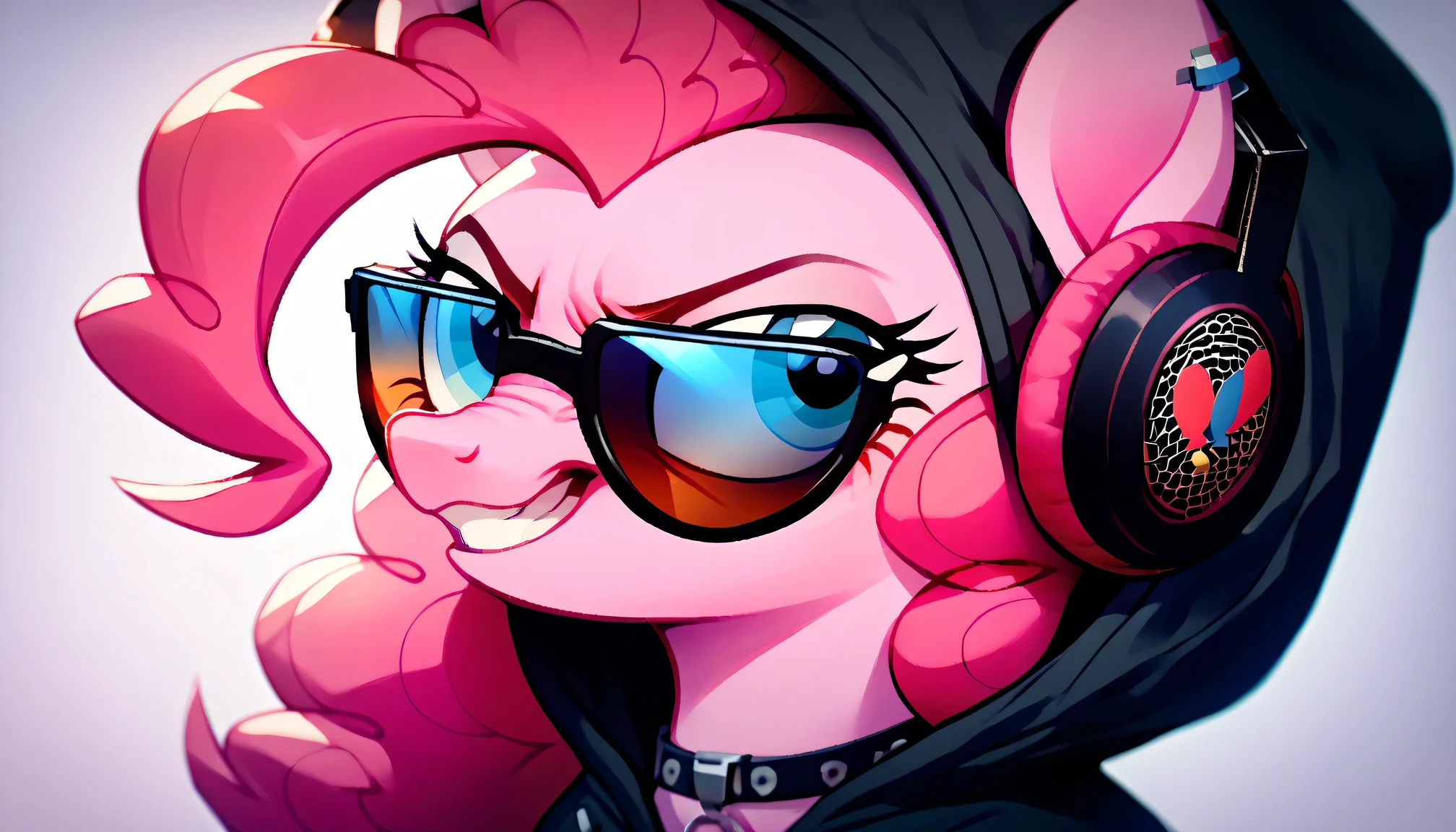 Score_9, Score_8_up, Score_7_up, Score_6_up, a serious earth pony, Pinkie Pie gamer from My Little Pony, depicted in a dark hoodie playing in a gamer chair looking at a screen where there are numbers that are 2025 with her back turned, where she is playing to the legendary 2D Geometry Dash game. Pinkie's mane flows in a colorful wavy pattern with shades of pink. She has her back to the frame with a neon gaming headset looking at the screen where she plays with a spoiled expression. The setting is a mountain with clouds. full body