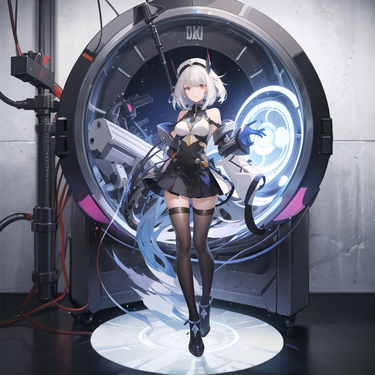 (Masterpiece: 1.2), (White Nurse Uniform: 1.1), (Thin Legs: 1.1), (Balance), (Ja: Elegant Lace or Fine Details), (Camera: Low Angle), (Character: 1 Girl), Delicate Facial Features, (Ja: Blue Eyes), (Ja: White Skin), (Ja: Shiny Hair), (Embedded: Nursing Tools), (Ja: Transparency), (Ja: Calm Atmosphere), Future Technology, Medical Instruments