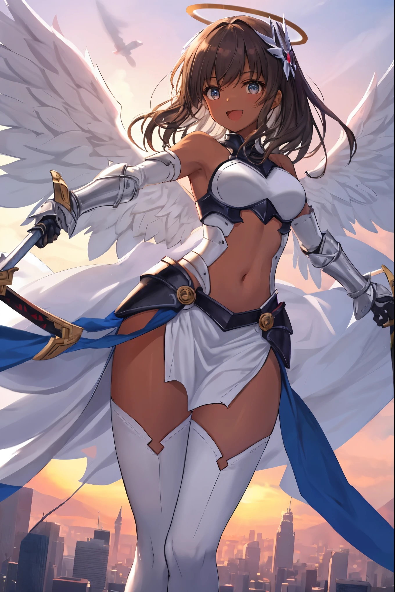 fantasy, 1angel_girl, low_teen, brown_hair, medium_bob_hair,long_bangs, (dark_skin)+, bare_shoulder, navel out, thighhighs,silver_shiny_armor, white_clothes,waist_armor, Glebe, hold_shiny_swords, medium_breasts, Angry, dynamic_pose_fighting,Floating, (abs)0.8,(1pair_white_wings,pelvic_curtain)++, Headgear ,city_sky_background,,slightly_spread_legs, multiple_shiny_swords_floating_around_the_girl