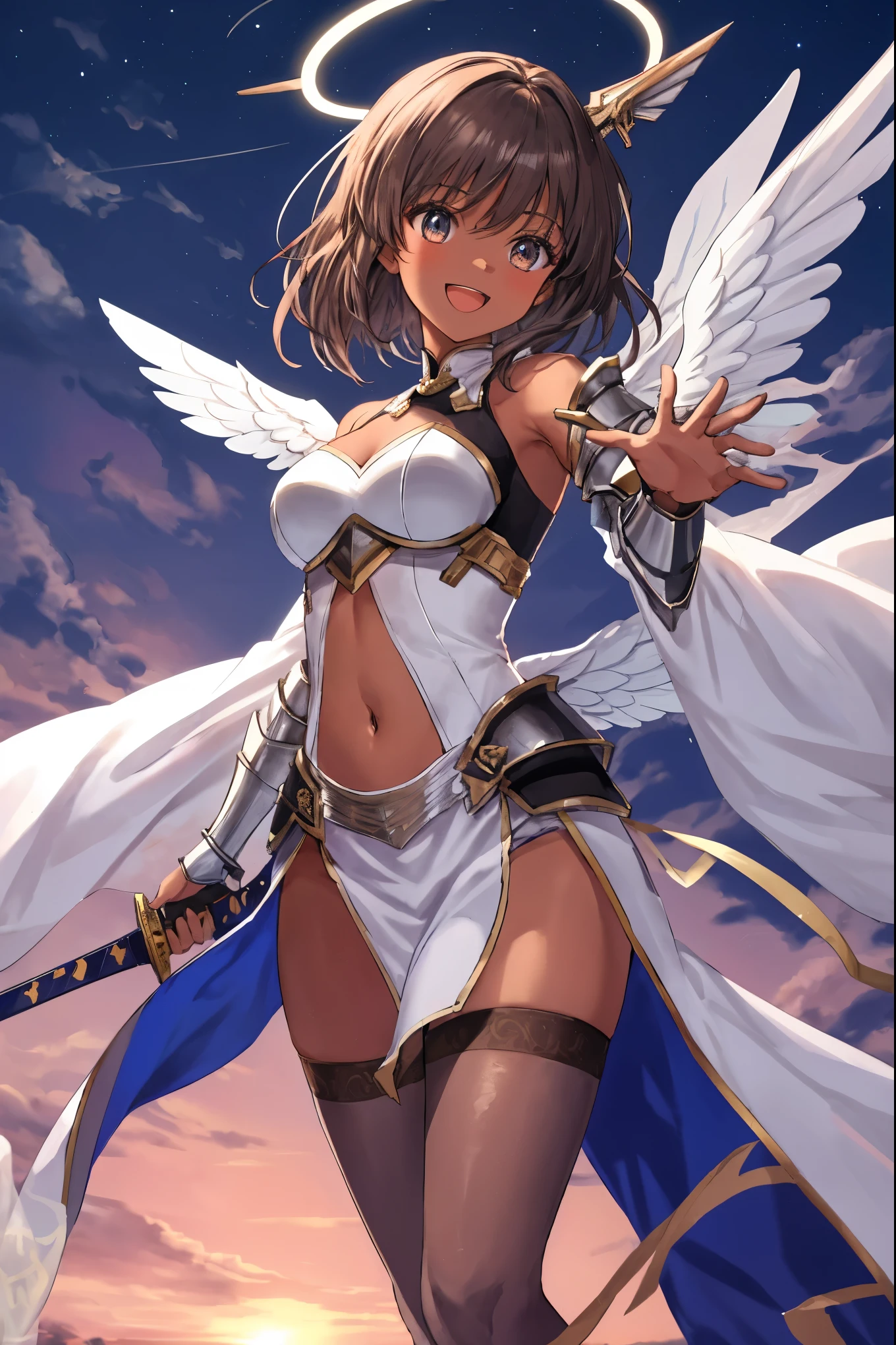 fantasy, 1angel_girl, low_teen, brown_hair, medium_bob_hair,long_bangs, (dark_skin)+, bare_shoulder, navel out, thighhighs,silver_shiny_armor, white_clothes,waist_armor, Glebe, hold_shiny_swords, medium_breasts, Angry, dynamic_pose_fighting,Floating, (1pair_white_wings,pelvic_curtain)++, Headgear ,city_sky_background,,slightly_spread_legs, multiple_shiny_swords_floating_around_the_girl