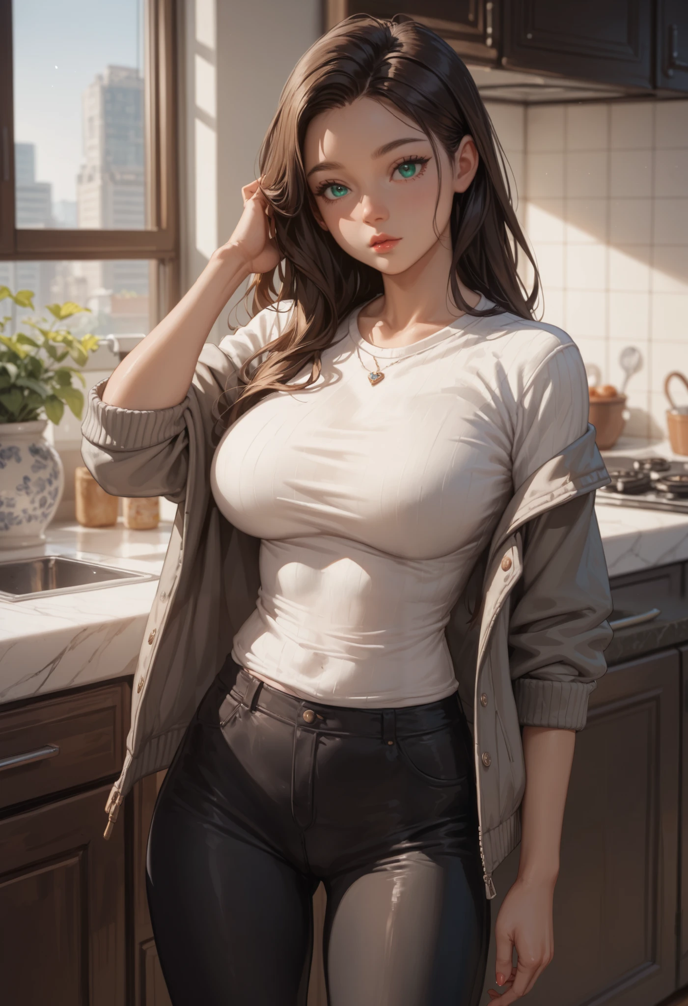 masterpiece, best quality, extreme Detail, Anatomically correct , Young woman standing alone in the kitchen , ( standing in sexy pose ), Young woman wearing a gray t-shirt , Young woman wearing an open white sweater jacket over her shirt, Young woman in tight long black pants , Young woman has big breasts , (60 hours ), ( wide hips ), Young woman is slim , Young woman sleeping, Young woman fainting , The young woman's facial expression is cocky and excited , Young woman has dark brown , long hair, Young woman has teal eyes ,