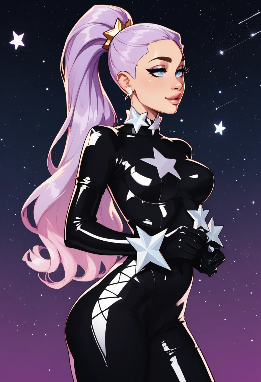 Amethyst,((purple skin)),fat body, puffy lips, long white hair, purple eyes ,makeup ,gem on chest,tank top,torn clothes,leggings with star symbols,looking serious,
outside, beautiful beach, stars and space, night, holding a long whip
<lora:Amethyst-10 v3:.8> extreme detail, hdr, masterpiece, beautiful quality,
