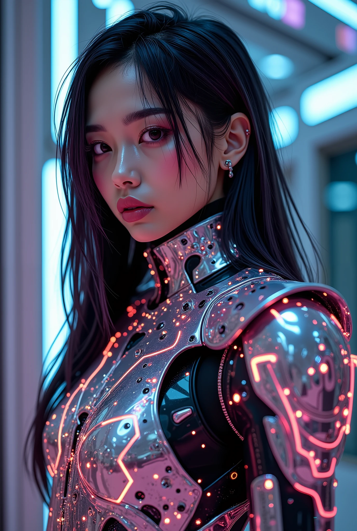 ((Airbrush art style painting)) of (perfect Asian cyberpunk girl))), (((wearing incredibly detailed ornate cyberpunk armour))), ((LED lights)), (shapeless long hair), perfect features, ((((full figure) dynamic pose))), (((starship interior))), (((Jim Burns art style))), abstract beauty, near perfection, pure form, concept art, intricate detail, 8k post-production, High resolution, super Detail, art station Trends, sharp focus, studio photos, intricate detail, Very detailed.