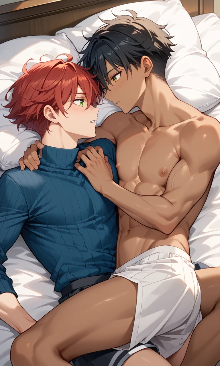 2boys, man in white underwear sitting on a bed with a red blanket, twink, , teen boy, hame pale, mature, muscular young man, smooth red skin, very smooth, anton, teenage boy, dylan cole, white skirt and barechest, well proportioned, cute, blushing, spreading legs, yaoi. men entwined, sexuall, kiss, making out