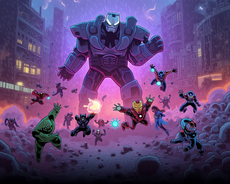 "Epic battle scene with all Marvel superheroes reimagined in the style of Arcane: dark, gritty, and cinematic. Iron Man, Captain America, Thor, Hulk, Black Widow, Spider-Man, Black Panther, and Doctor Strange are fighting together against a massive, shadowy enemy in a ruined, steampunk-inspired city. Iron Man is flying, shooting repulsor beams, Captain America is throwing his shield, Thor is summoning lightning, Hulk is smashing the ground, Black Widow is flipping mid-air with her electric batons, Spider-Man is swinging and dodging, Black Panther is leaping with glowing claws, and Doctor Strange is casting magical spells. The city is filled with neon lights, smoke, explosions, and glowing graffiti. The atmosphere is intense, with dramatic lighting, rain, and a sense of chaos. Highly detailed, ultra-realistic, 8K resolution, cinematic composition."
