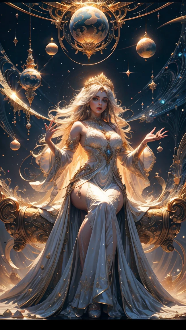 gorgeous girl, sparkling eyes, boho-style, long wavy hair, fitted glittering dress, charming, beautiful, otherwordly, intricate detail, hyperrealism, magical realism, shimmering sparkling air fractals, glowing fairylights