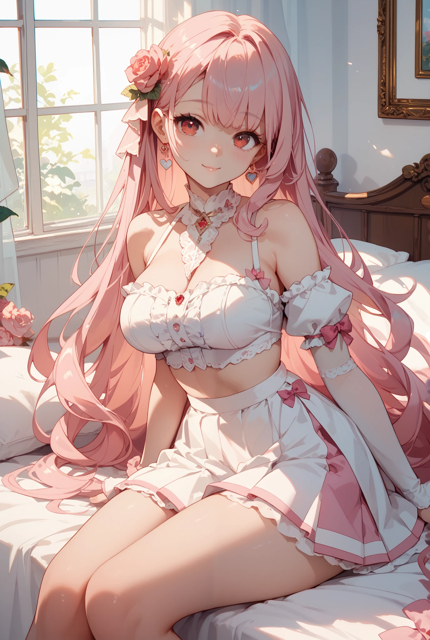 Surrealist girls,18-year-old girl,fox ear,Nine big furry tails,Pink Long Hair,White lace panties exposed,The girl smiled,Bai Zhe's delicate skin,broad chest,No shoes,Lie down in bed,Bare thighs,big pink eyes,Pink miniskirt