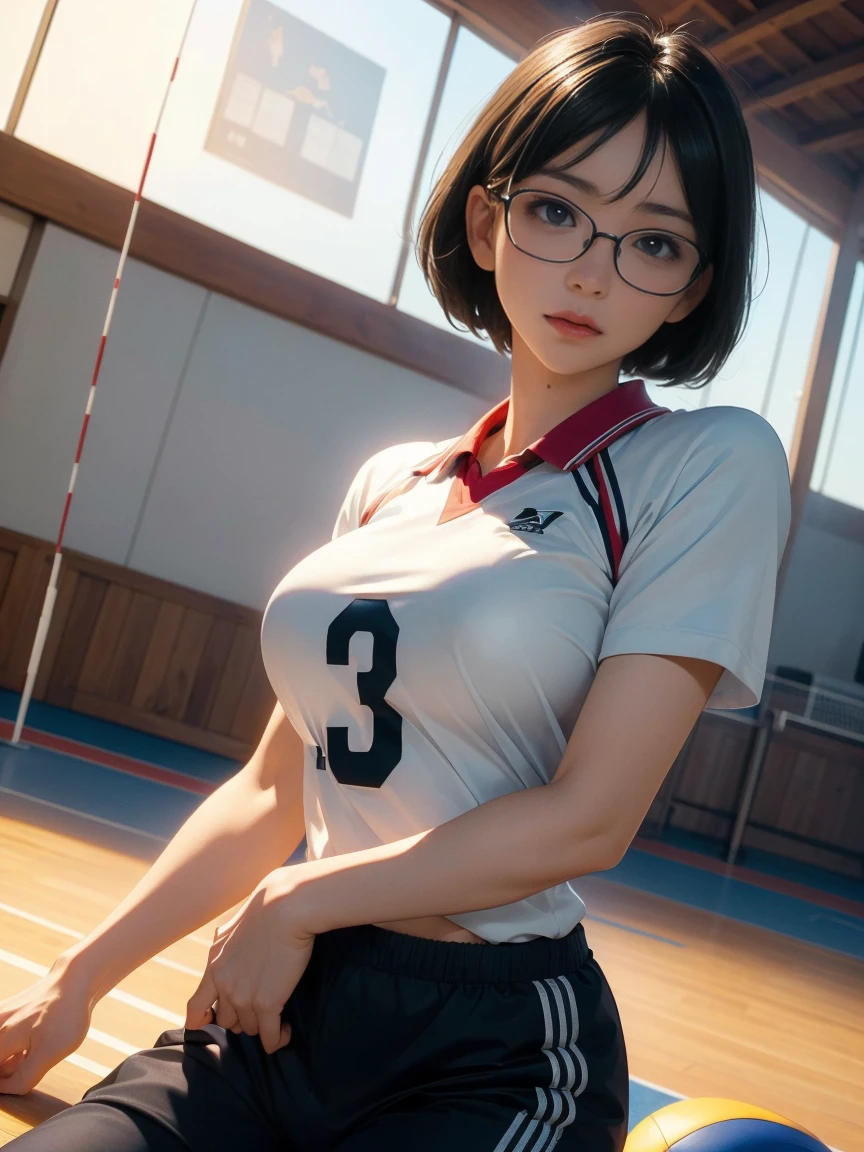 masterpiece, best quality, ultra-detailed, illustration, kawaii, detailed light, blush, Highlights hair, black hair, beautiful detailed body, detailed sparkling eyes, 4female sprinters, looking back, showing skin, buttocks, bare thighs, showing buttocks, perfect limbs, glasses, racing track, ((race bib)), pink thong bikini, happy, smile, in heat, line up