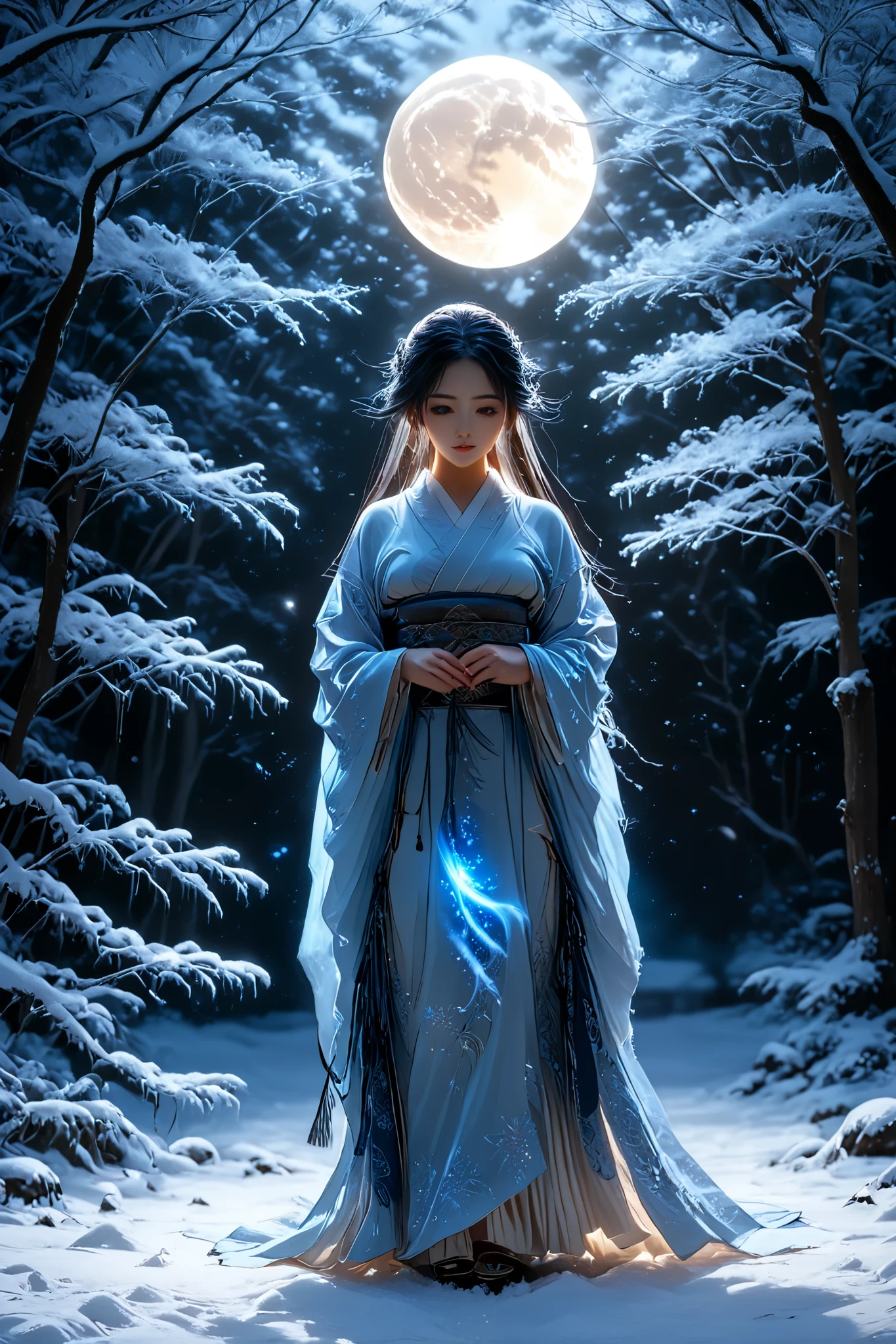 A mystical Yuki-Onna (snow woman) standing in a serene, snow-covered forest during a moonlit night. She has long, flowing black hair that contrasts against her pale, almost translucent skin, which glows faintly in the moonlight. She is wearing a traditional white kimono with delicate, icy patterns resembling snowflakes embroidered on the fabric. Her expression is calm but haunting, with piercing, icy-blue eyes that seem to look into the soul. Surrounding her, snowflakes drift gently, shimmering as if enchanted. The forest is silent and ethereal, with tall, dark trees cloaked in snow and a faint mist hanging in the air. The moon casts a soft silver light, enhancing the supernatural atmosphere. In the background, a small frozen stream reflects the moonlight, adding depth and realism to the scene. The image quality is excellent, with natural soft lighting and a highly detailed and realistic image. Super Resolution, Highest Quality, (Full Body Photo), SLR Camera, (Cinema Scene), High Resolution, Realistic Lighting, Smooth, Ambient Lighting, Shot in Ultra-Real High Resolution Style. Unreal Engine, Octane Rendering, Ray Tracing, 8k,