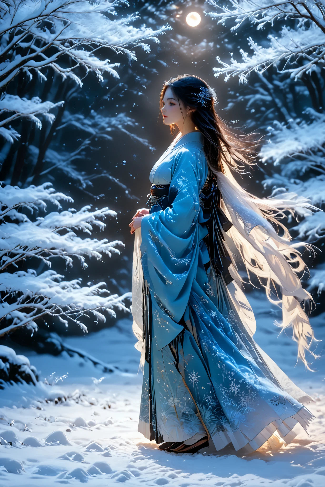 A mystical Yuki-Onna (snow woman) standing in a serene, snow-covered forest during a moonlit night. She has long, flowing black hair that contrasts against her pale, almost translucent skin, which glows faintly in the moonlight. She is wearing a traditional white kimono with delicate, icy patterns resembling snowflakes embroidered on the fabric. Her expression is calm but haunting, with piercing, icy-blue eyes that seem to look into the soul. Surrounding her, snowflakes drift gently, shimmering as if enchanted. The forest is silent and ethereal, with tall, dark trees cloaked in snow and a faint mist hanging in the air. The moon casts a soft silver light, enhancing the supernatural atmosphere. In the background, a small frozen stream reflects the moonlight, adding depth and realism to the scene. The image quality is excellent, with natural soft lighting and a highly detailed and realistic image. Super Resolution, Highest Quality, (Full Body Photo), SLR Camera, (Cinema Scene), High Resolution, Realistic Lighting, Smooth, Ambient Lighting, Shot in Ultra-Real High Resolution Style. Unreal Engine, Octane Rendering, Ray Tracing, 8k,