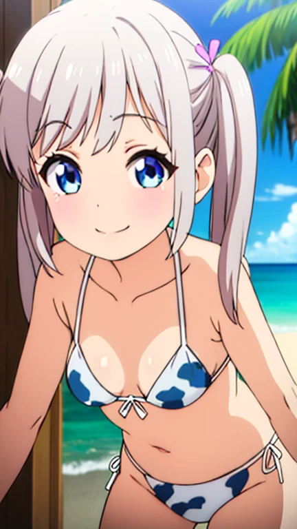 silver hair、gray eyes、twin tails、flat chest、micro bikini、he is short、High resolution、highest quality、detailed face、beach、anime moe art style、smile