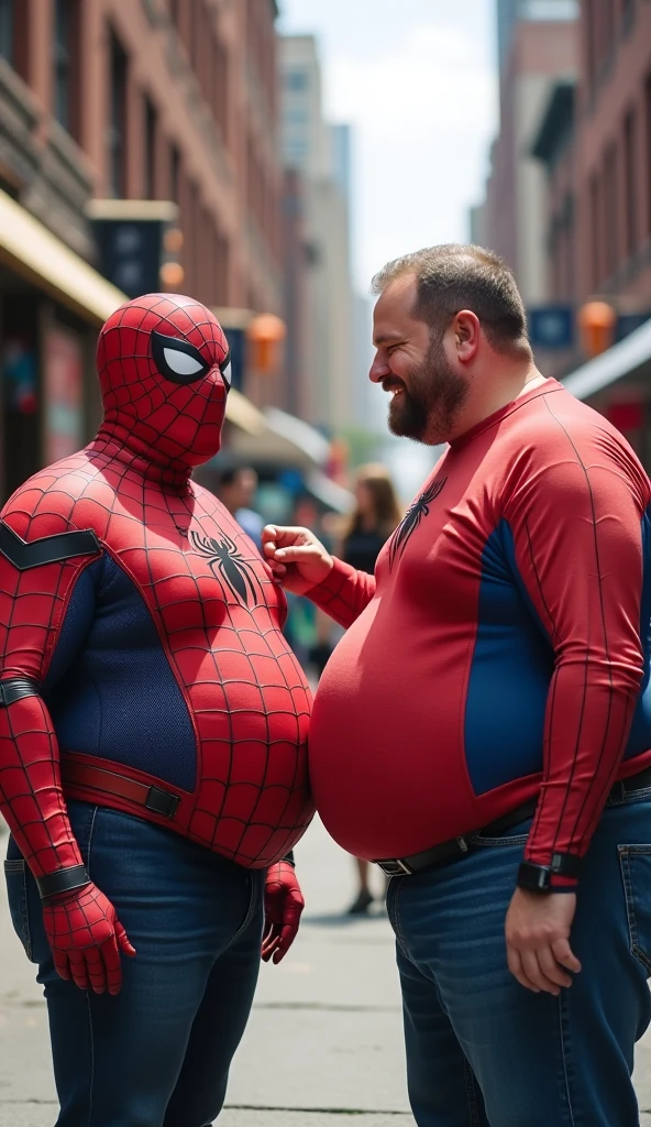 Indonesian middle-aged man, stocky and slightly stocky, wearing black Lycra, sodomized by a grandfather wearing a Spiderman costume