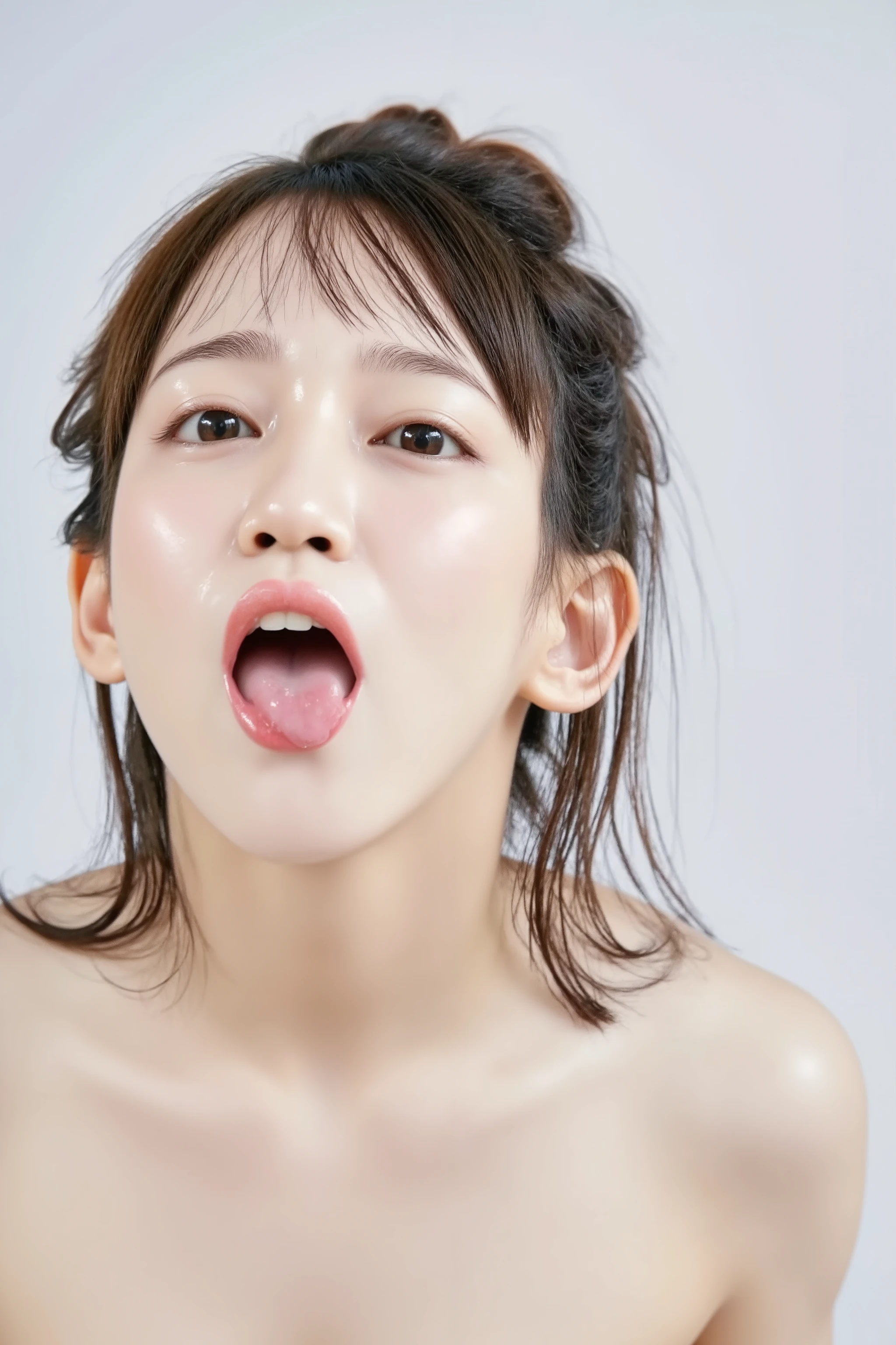  high-resolution photo of a Japanese female idol who bends forward and emphasizes cleavage, Alone,  1 girl,  off-the-shoulder dress with straight long black hair,  focus on face ,  face close-up ,  Looking at the Camera ,  blue-white skin,  detailed face,  detailed eyes,  enchanting eyes,   natural makeup  ,
( open your mouth, After the blowjob、 ejaculates in mouth, drooling semen ), indoor, 