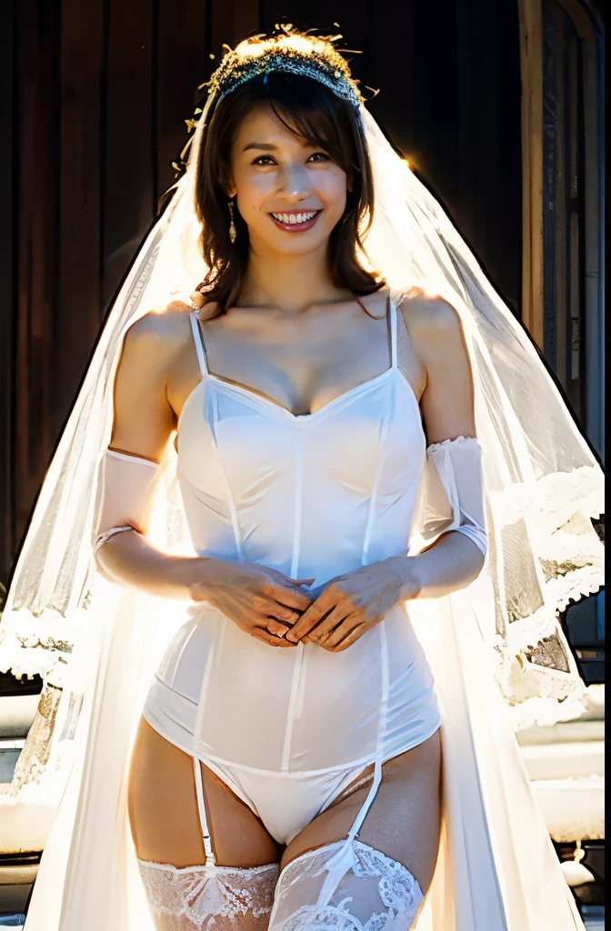 perfect body, 1girl, tight clothes, ((wedding dress)), (full body), thighhighs, perfect face, (cameltoe), masterpiece, photorealistic, 8k raw, ultra-detailed, best quality, HDR, UHD, ultra-fine painting, sharp focus, physically-based rendering, extreme detail description, professional, portrait, NSFW, high resolution