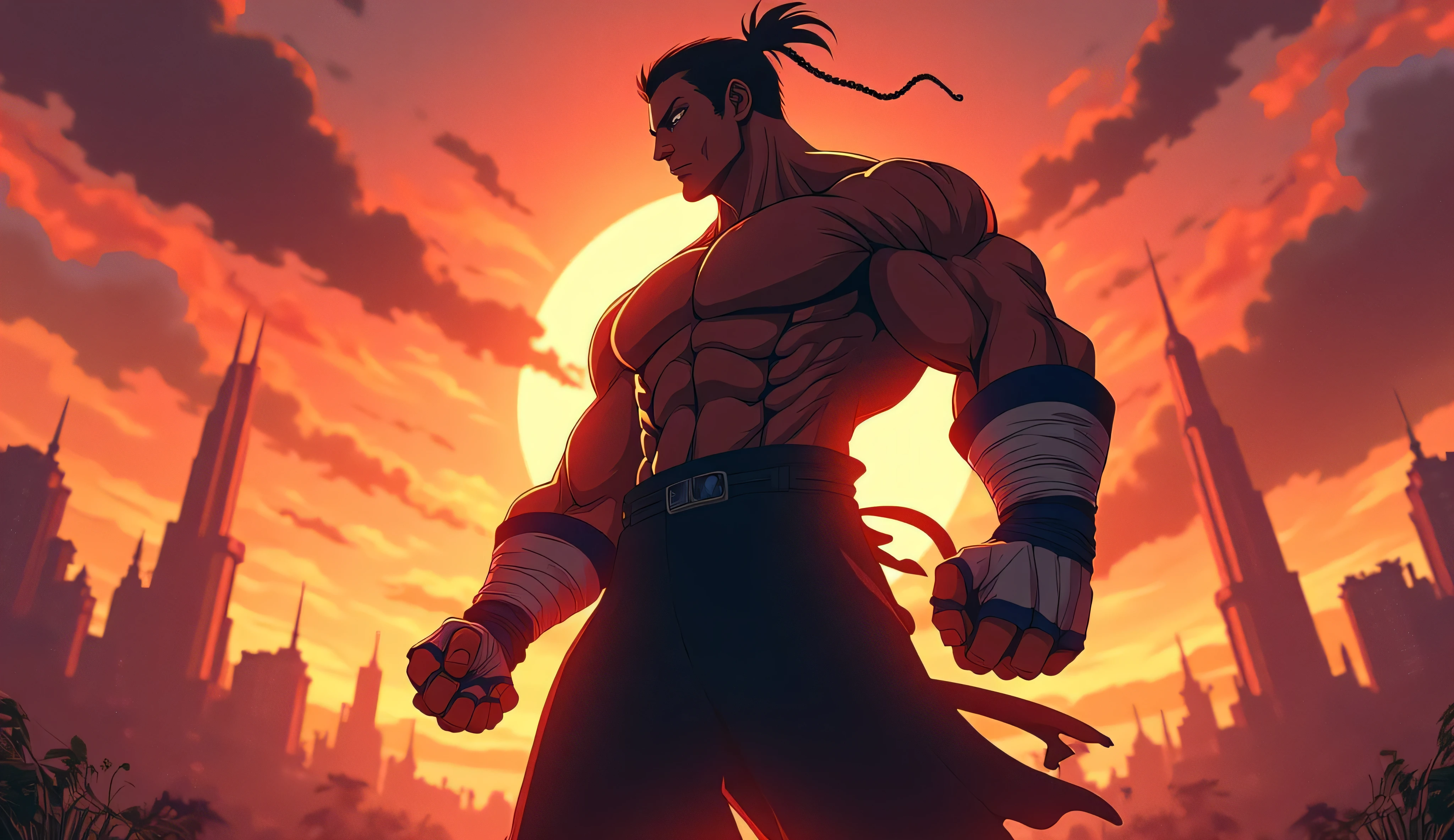giant, muscular, dangerous, godlike being, detailed muscular physique, glowing veins, glowing eyes, (soft black hair), shirtless, wearing black loincloth, legs uncovered from thighs to feet, lifelike representation, 4k resolution, red background