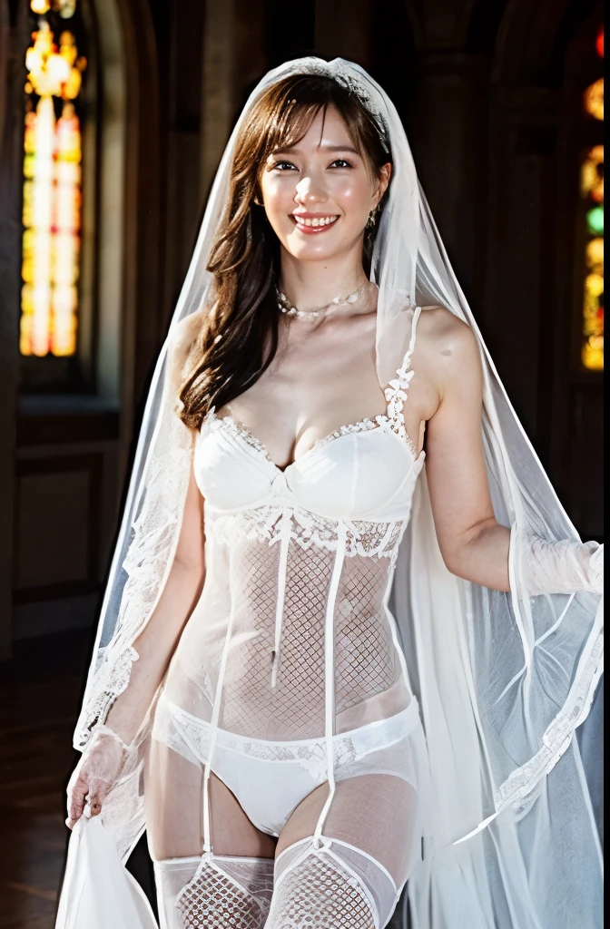 naked,Like the whole body," shape, Bride's outfit without shoulder straps,small silver tiara,huge ,sloppy and droopy breasts, Her heavy breasts are almost completely exposed ,Fully visible bust,Sheer princess skirt,Church wedding,There is a large crowd of participants behind you, Perfect body, (Highest quality, 4K, 8k, High resolution, Tabletop:1.2), Very detailed, (Realistic, Realistic, Photorealistic:1.37), Royal, Enchanting, (Vibrant colors, Sharp Chest:1.1), Soft lighting", Transparent dress. Micro Panties. Accentuate deep cleavage. Transparent fishnet bra. Navel exposed. nakedの太もも. Narrow waist. 完全にnaked. Exposed.