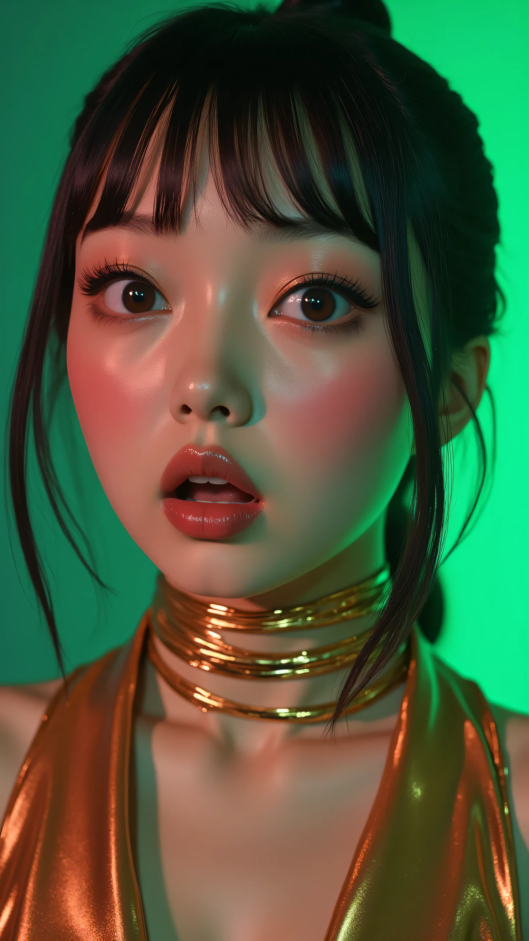 80’s glam rock makeup on shiny face, asian girl, anime, 2.5D, moody lighting, (green, pink, gold), pretty, sexy, minimal, sleek, slender, asian, elegant, futuristic, retro, sophisticated half human half machine, mouth open wide, Kizi,(eyes looking off to side), Highly detailed, Amazing work,Vitreous luster, blues, yellows, Best quality at best,shiny skin, no background, colorful background, green background, pink background, gold, background, plunging neckline, sexy pose, dynamic pose, heavy blushing, huge breasts,