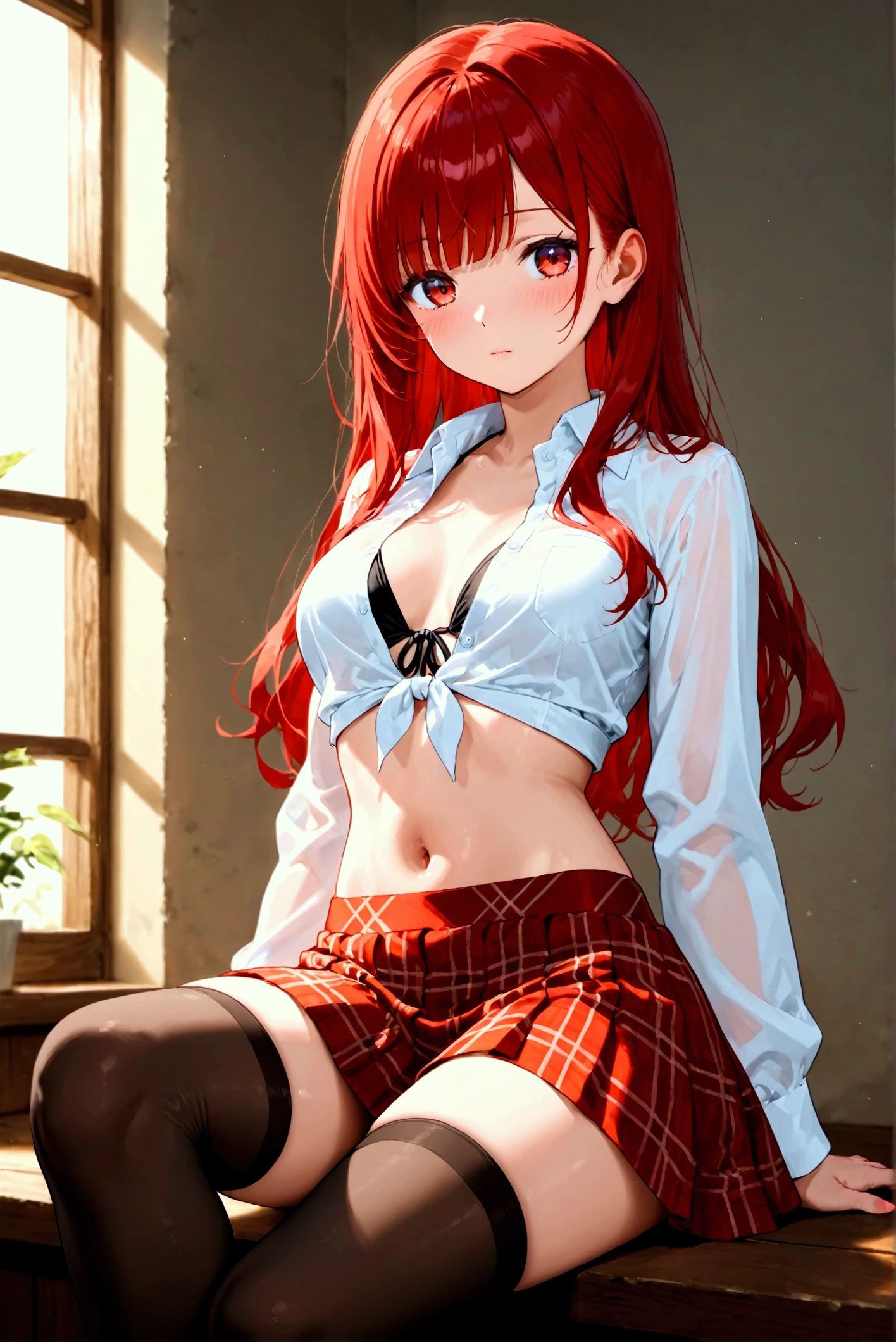 An anime girl with red hair and blue eyes wearing a skirt and an open shirt revealing a black and red lace bra