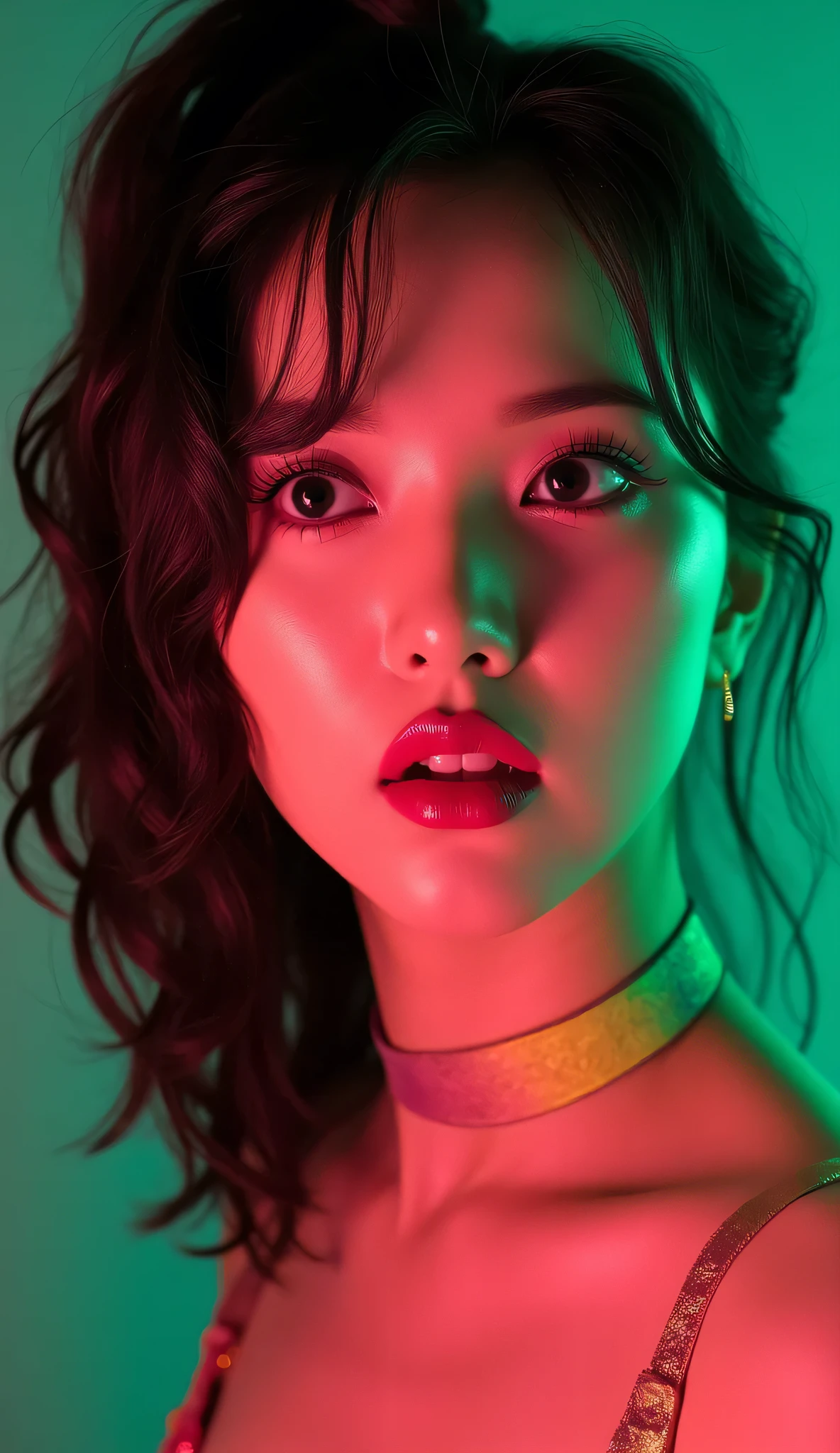 80’s glam rock makeup on shiny face, asian girl, anime, 2.5D, moody lighting, (green, pink, gold), pretty, sexy, minimal, sleek, slender, asian, elegant, futuristic, retro, mouth open wide, Kizi，(eyes looking off to side), Highly detailed, Amazing work，Vitreous luster, blues, yellows, Best quality at best，shiny skin, no background, colorful background, green background, pink background, gold, background, plunging neckline, sexy pose, dynamic pose, heavy blushing, huge breasts, 