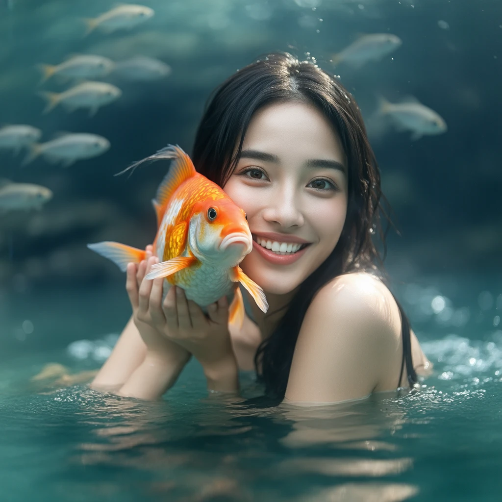 A cute and beautiful Japanese woman in her late twenties with semi-long hair and a voluptuous figure is diving underwater. She is facing the camera with a beaming smile, looking very stylish in a micro bikini. There are many beautiful tropical fish swimming around her.