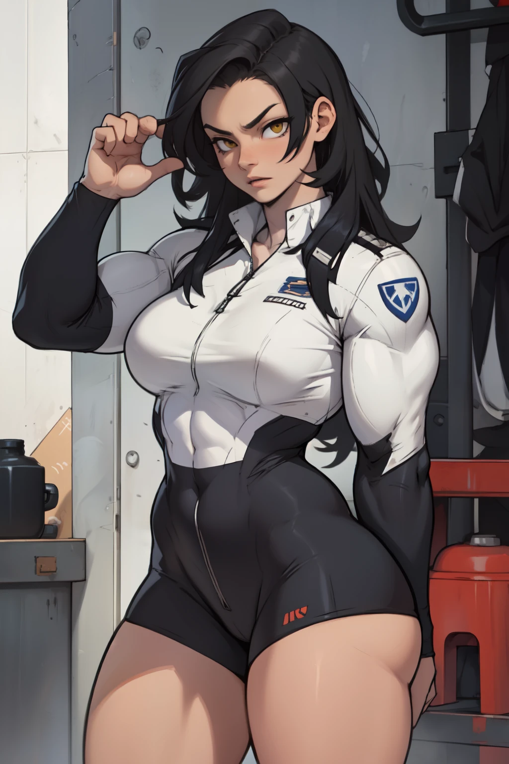 angry girl pale skin (((((muscular girl))))) (((thick))) (((large breasts))) pilot suit bodysuit black hair yellow eyes very long hair very long hair very long hair
