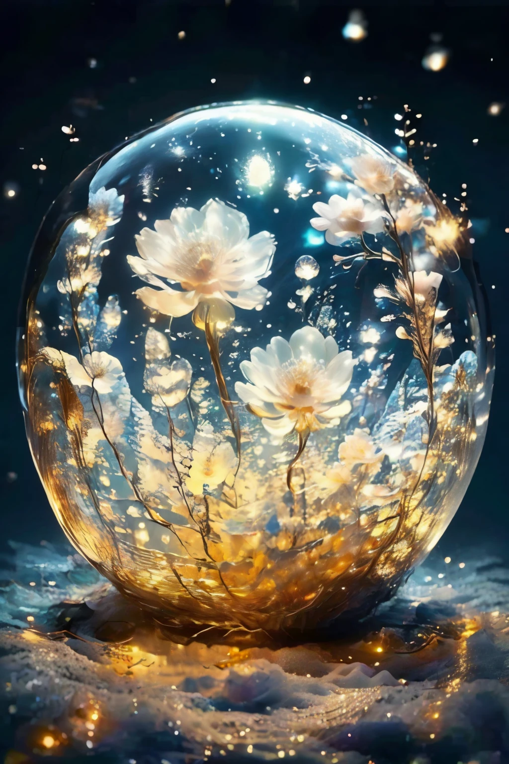 Best quality, Night, distant view, colorful , beautiful nightsky, beautiful moonlight, amazing scenery, amazing visuals, beautiful artwork, ultrasharp, masterpiece, highres, 8k, realistic, starry night, starlight, lanterns, water reflection, glows details, bottle, In glass bottle, spherical glass bottle
