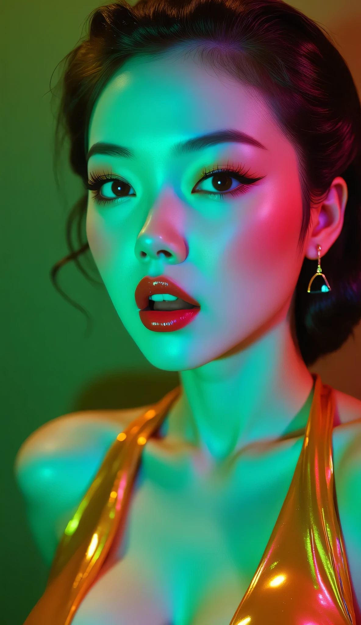 80’s glam rock makeup on shiny face, asian girl, anime, 2.5D, moody lighting, (green, pink, gold), pretty, sexy, minimal, sleek, slender, asian, elegant, futuristic, retro, sophisticated half human half machine, mouth open wide, Kizi，(eyes looking off to side), Highly detailed, Amazing work，Vitreous luster, blues, yellows, Best quality at best，shiny skin, no background, colorful background, green background, pink background, gold, background, plunging neckline, sexy pose, dynamic pose, heavy blushing, huge breasts, 