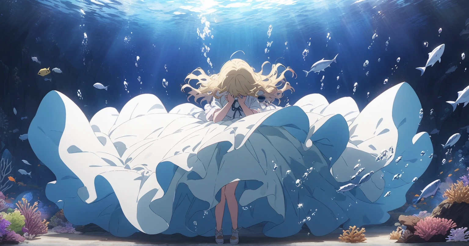 laying on back、Under the sea、under the water、Sink、Air bubble、One girl、a blond、long、cute little、Seen from the side、Fall、masterpiece、Top image quality、top-quality、Rosa、Rose Dress、