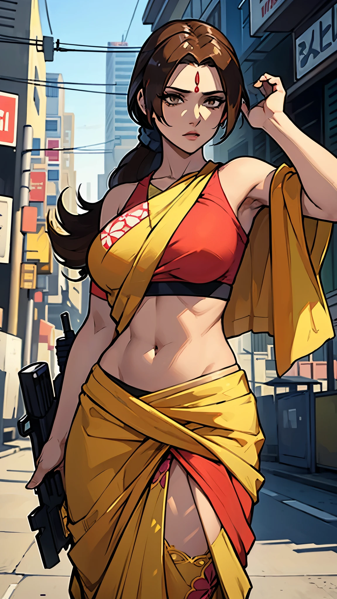 Create a fair-skinned female Indian character in GTA style, wearing a traditional saree with intricate patterns. She is confidently holding a gun in her hands, exuding a strong and fearless persona. The character should have long dark hair and be portrayed in a dynamic pose, ready for action. The background should feature a gritty urban setting, capturing the essence of the GTA world."